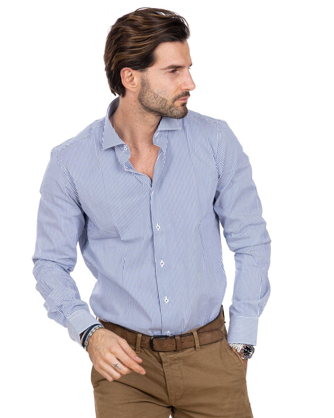 Chemise - basique classique bleu à fines rayures en coton