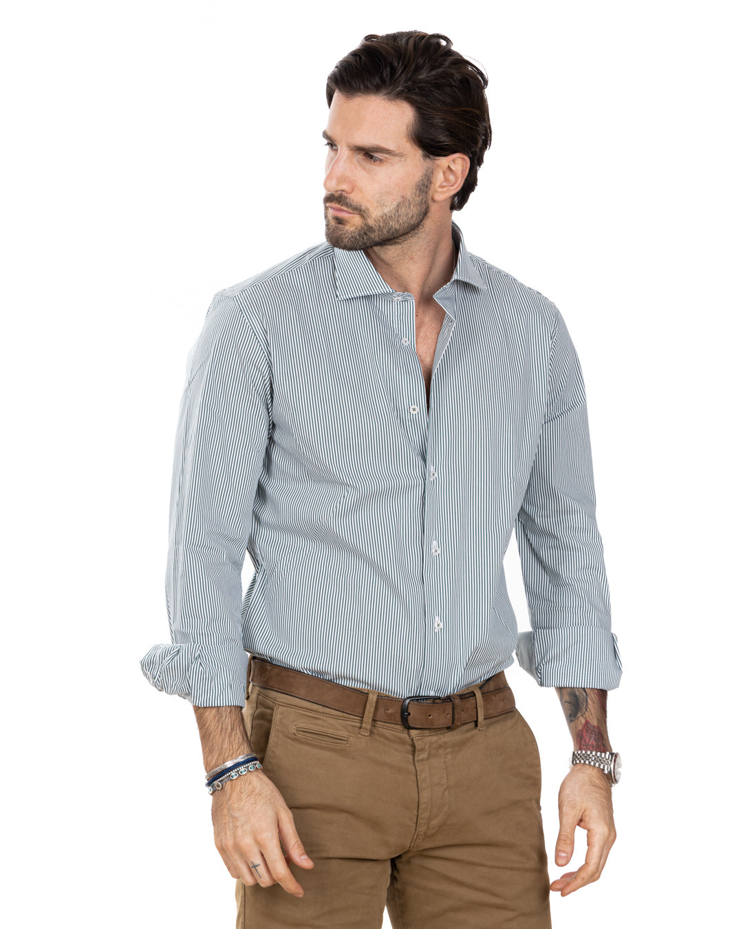 Shirt - classic basic green narrow stripe in cotton
