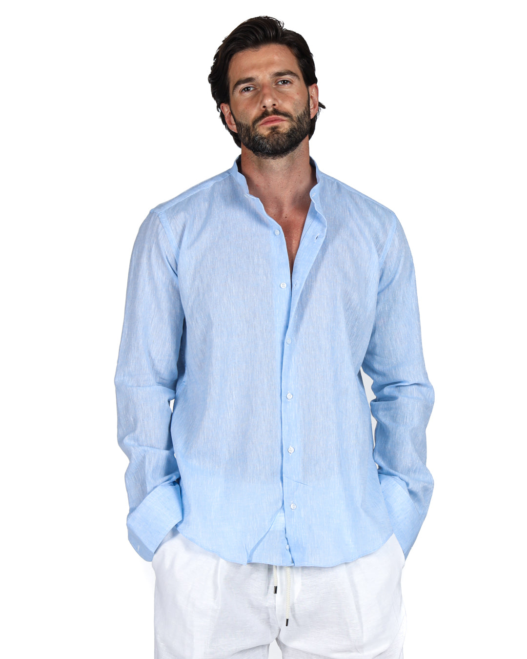 Positano - Camicia coreana azzurra in lino