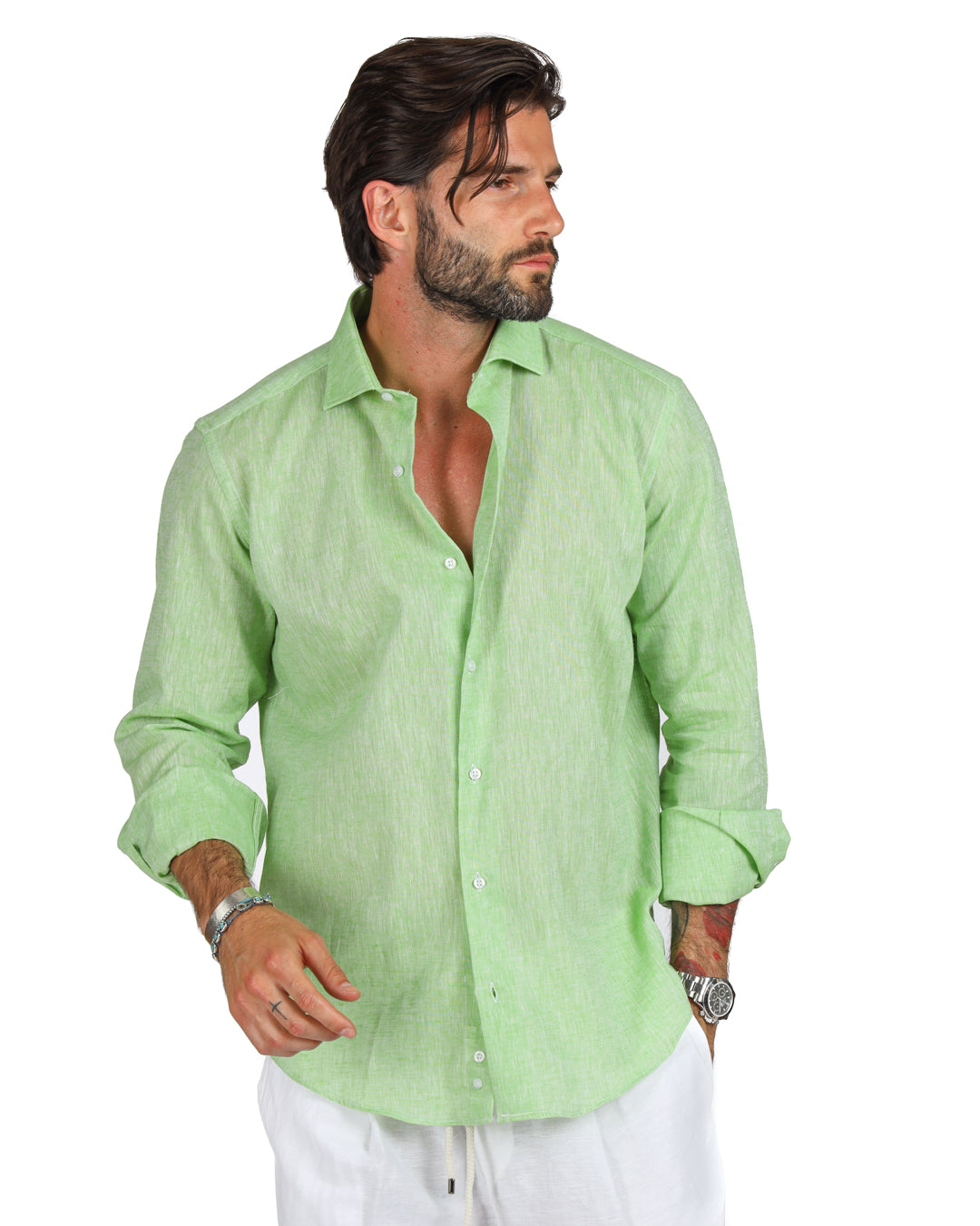 Praiano - Camicia classica verde mela in lino