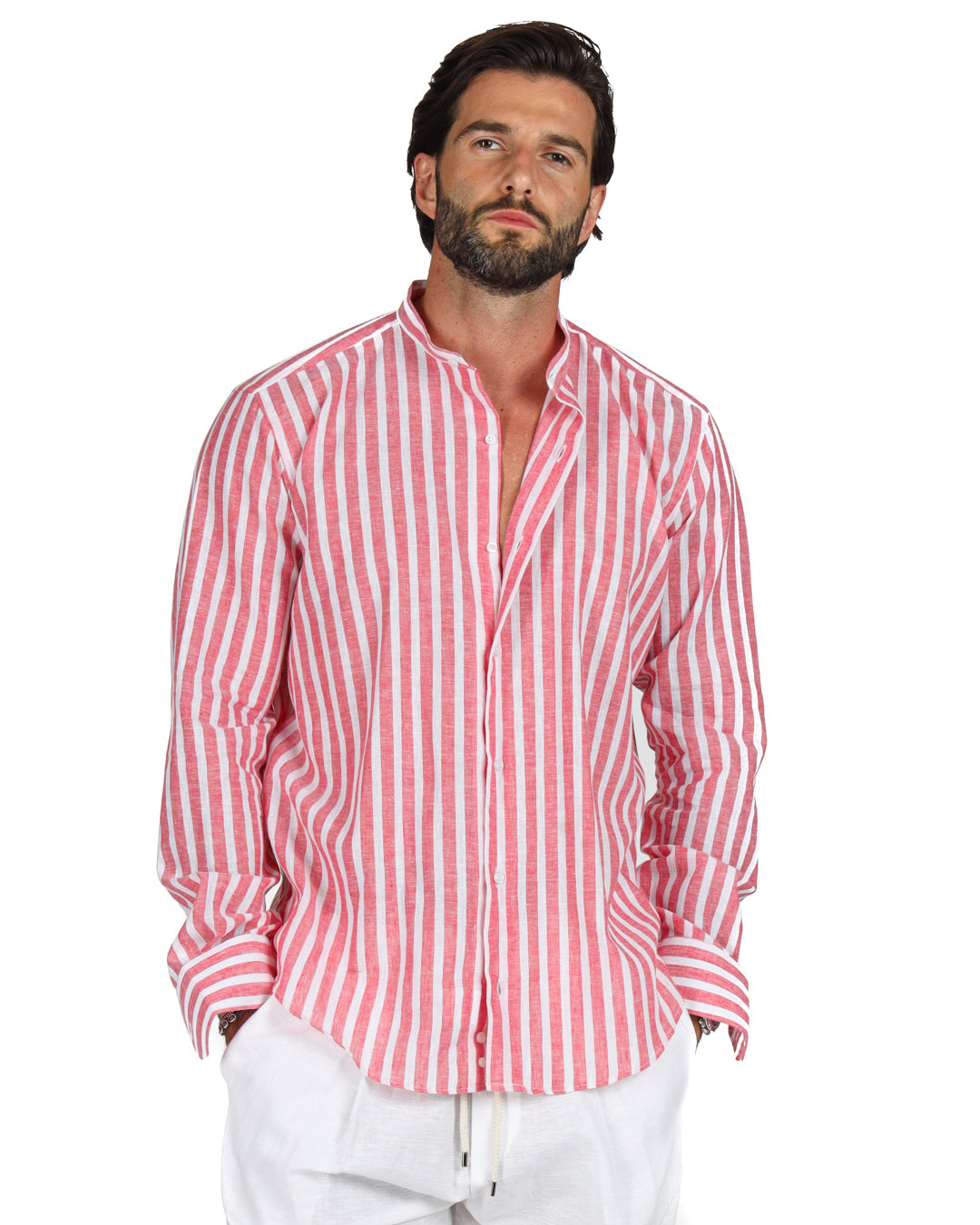 Procida - Chemise coréenne en lin larges rayures rouge