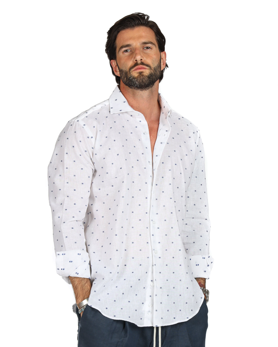 Salina - Classic white linen shirt with blue embroidery
