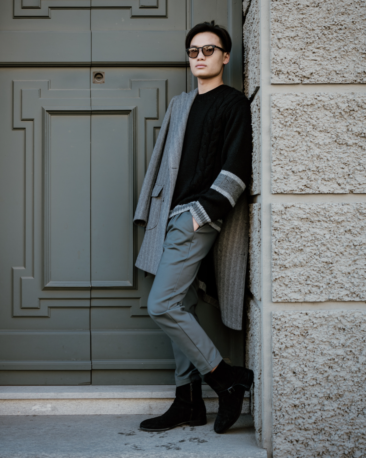 Charles - cappotto doppiopetto spigato grigio e nero