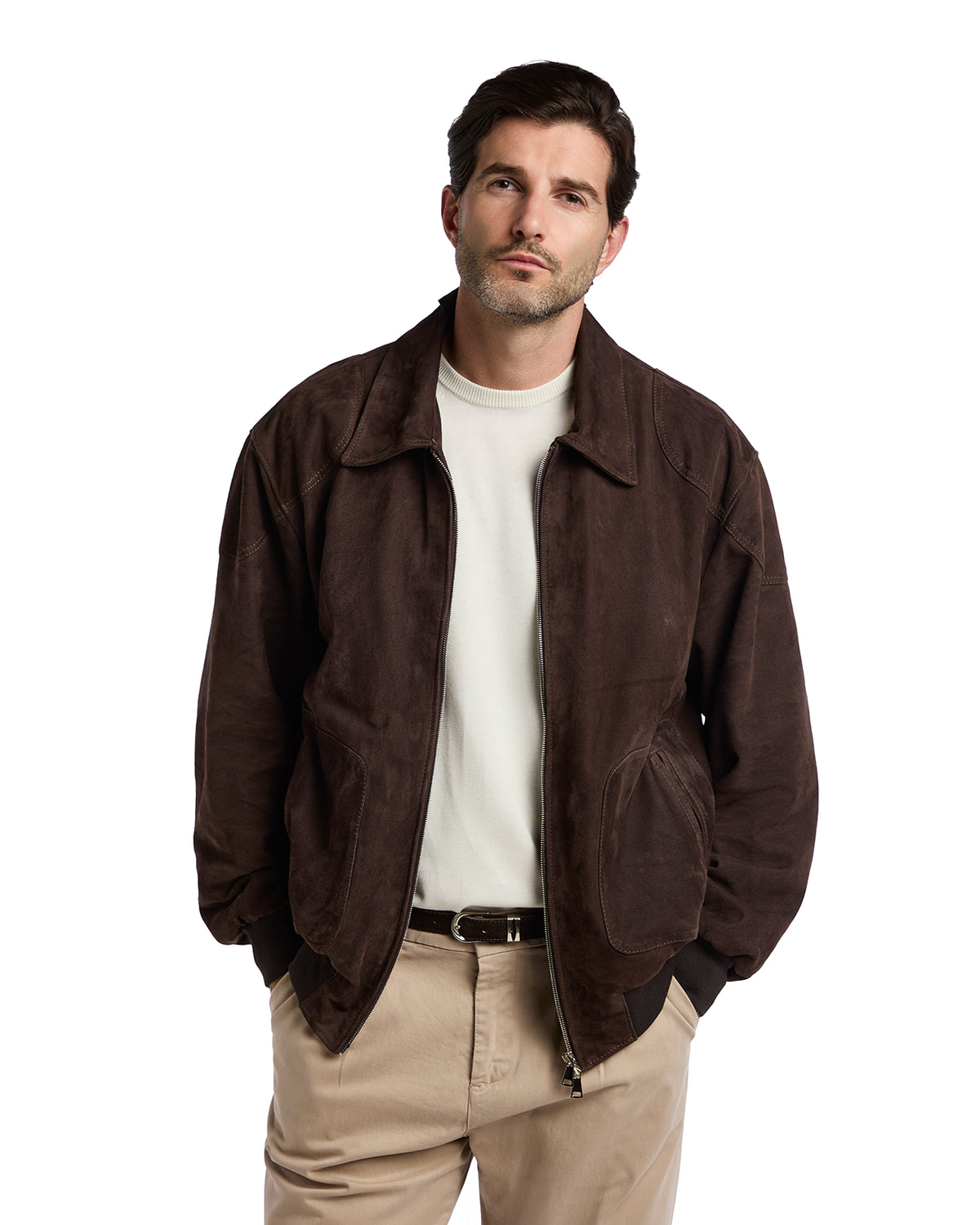 Dark Brown Suede Button Bomber Jacket