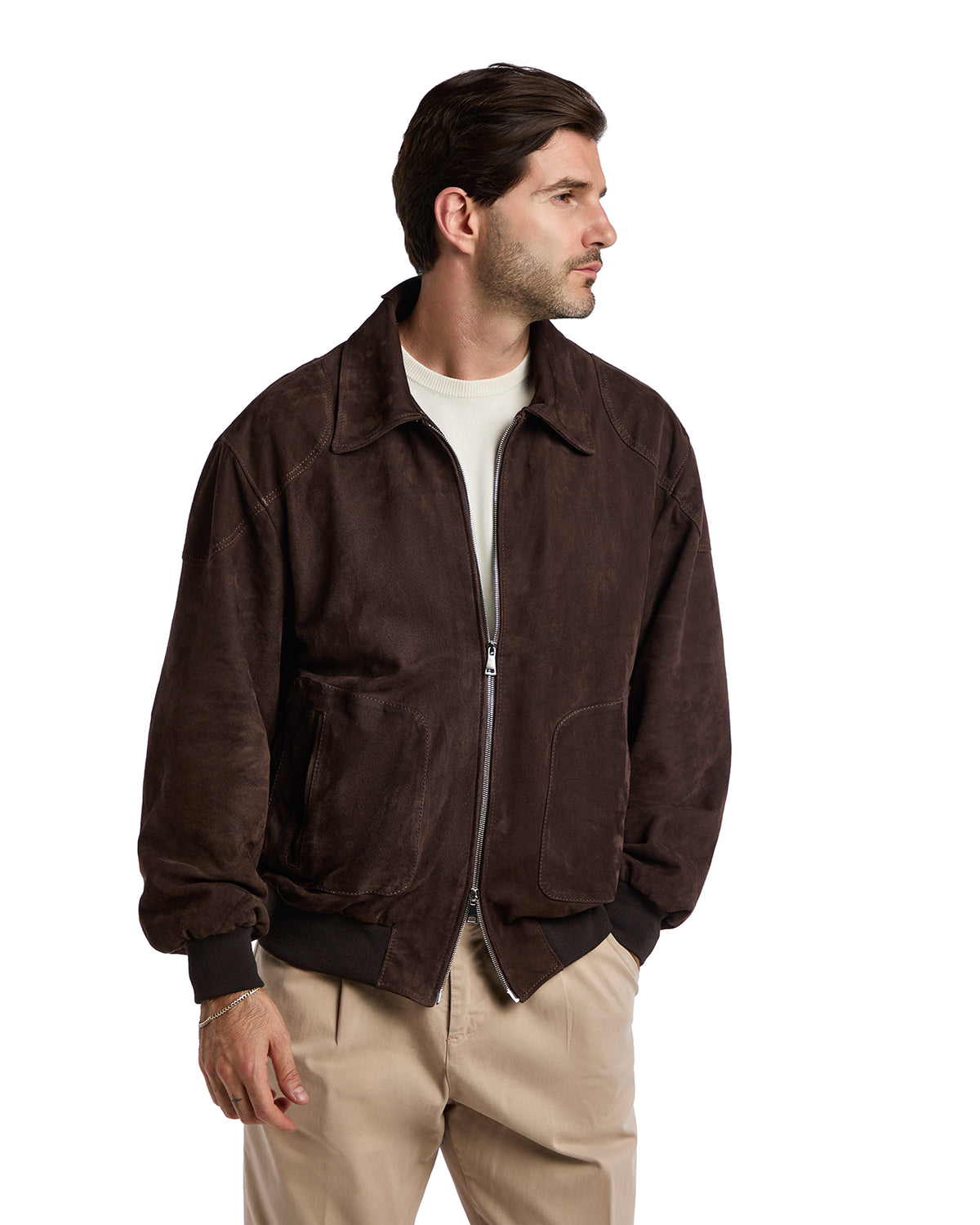 Dark Brown Suede Button Bomber Jacket