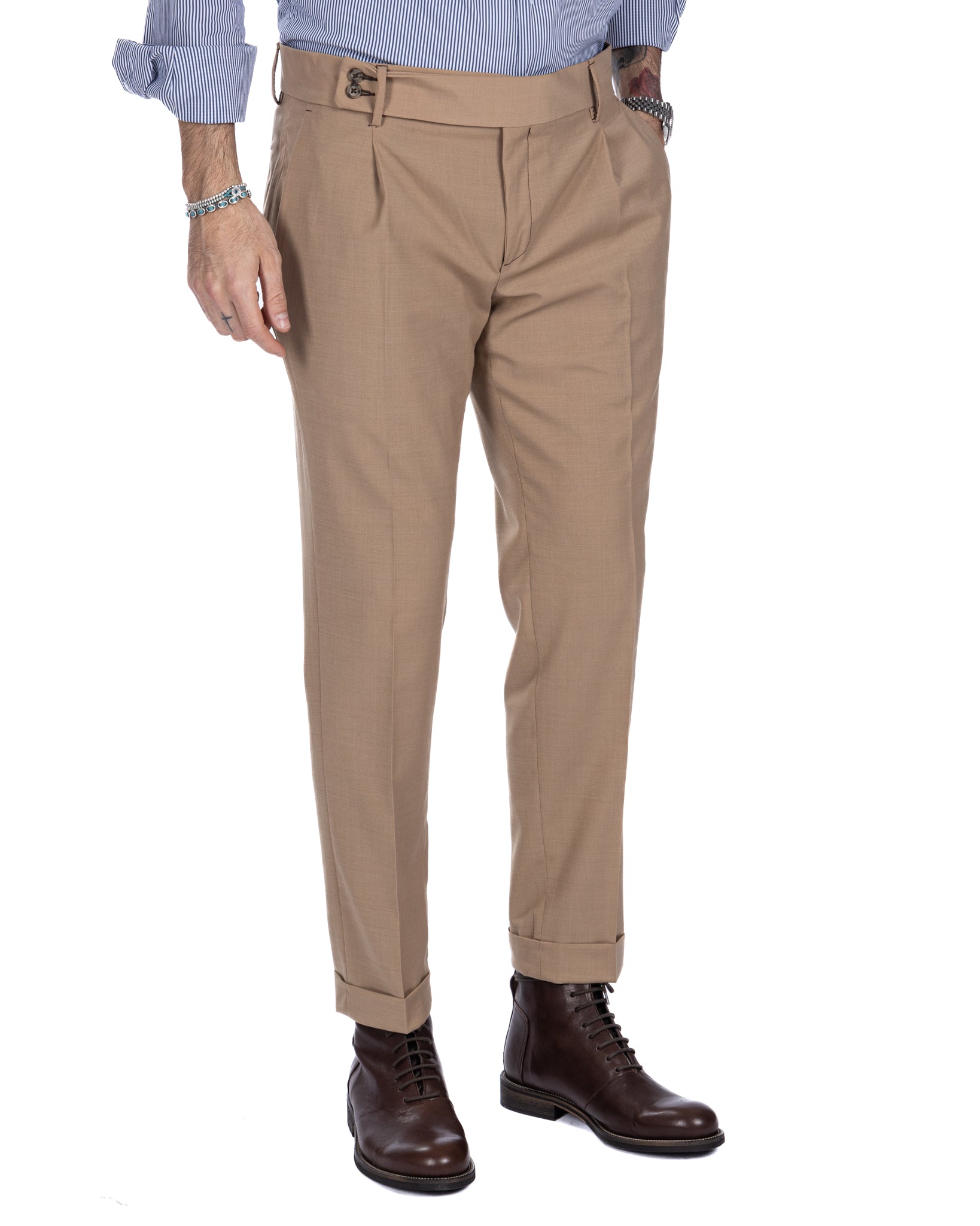 Pantalon italien taille haute camel en laine mélangée