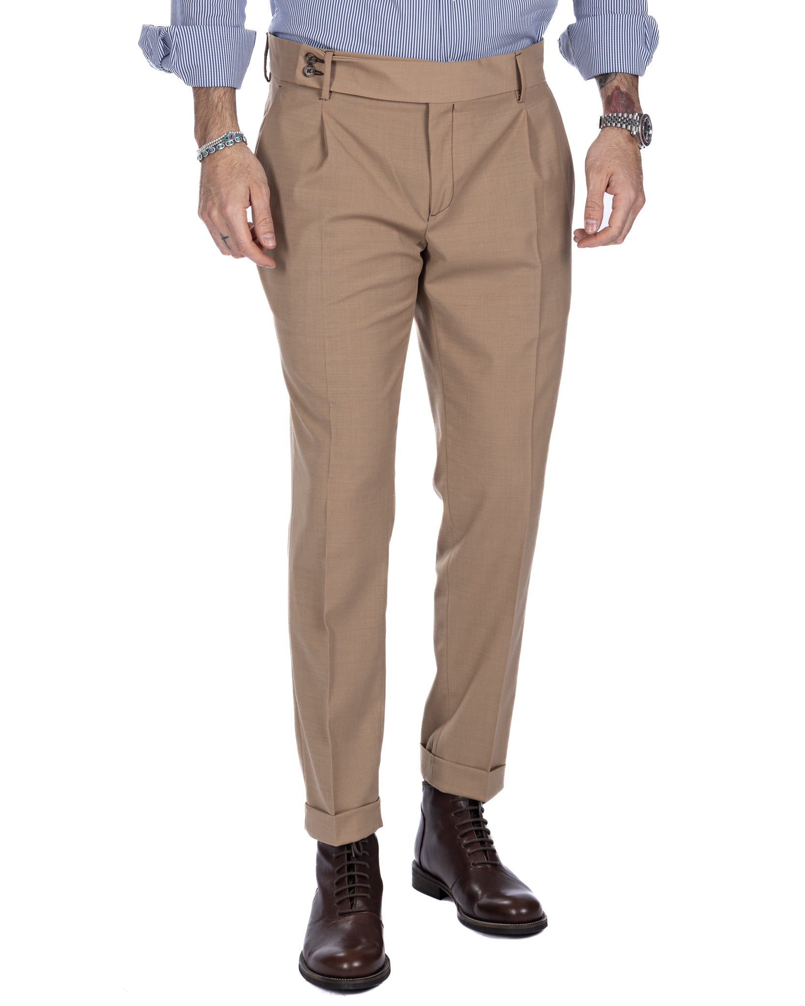 Italian - pantalone vita alta cammello in misto lana