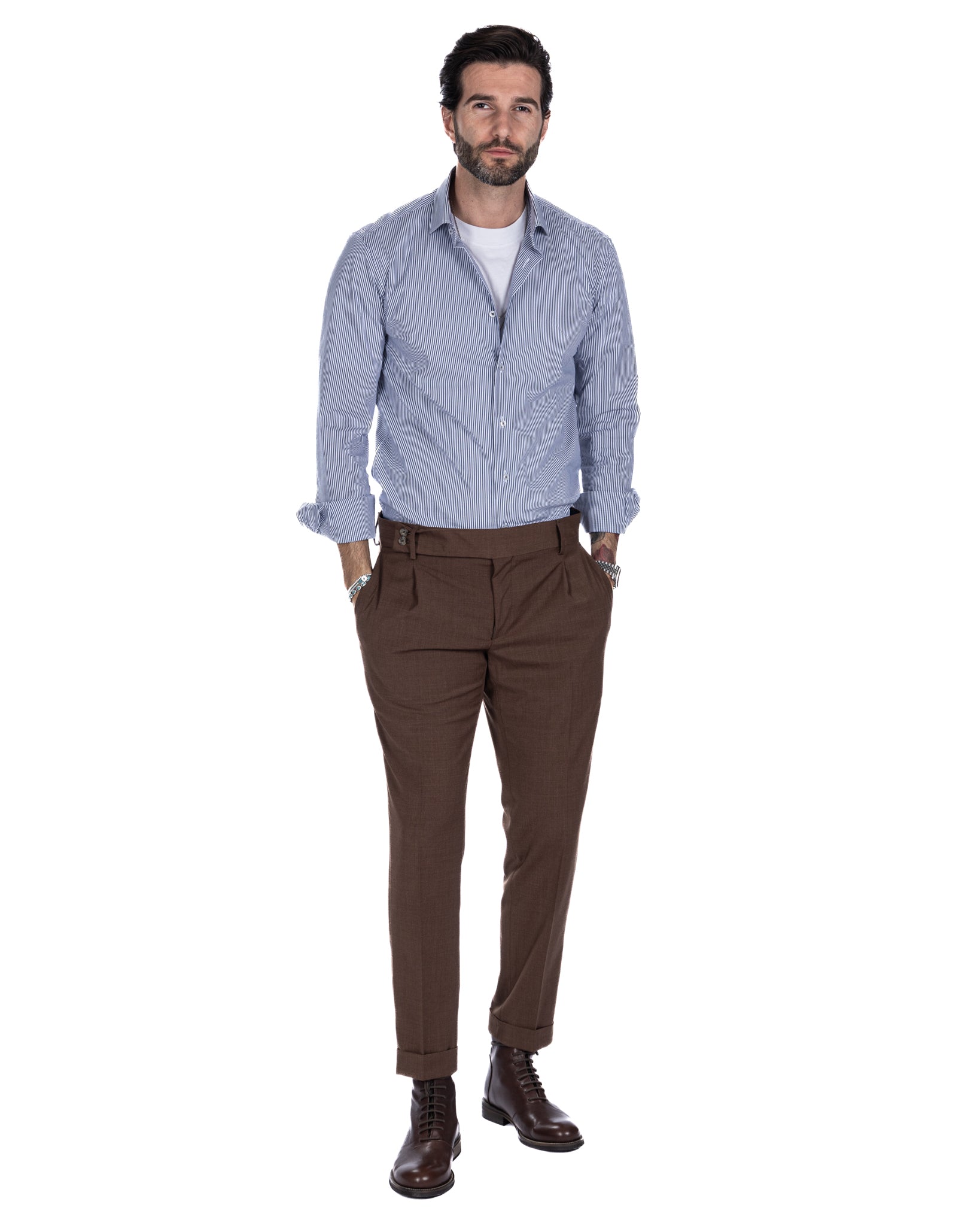 Pantalon italien taille haute marron foncé en laine mélangée
