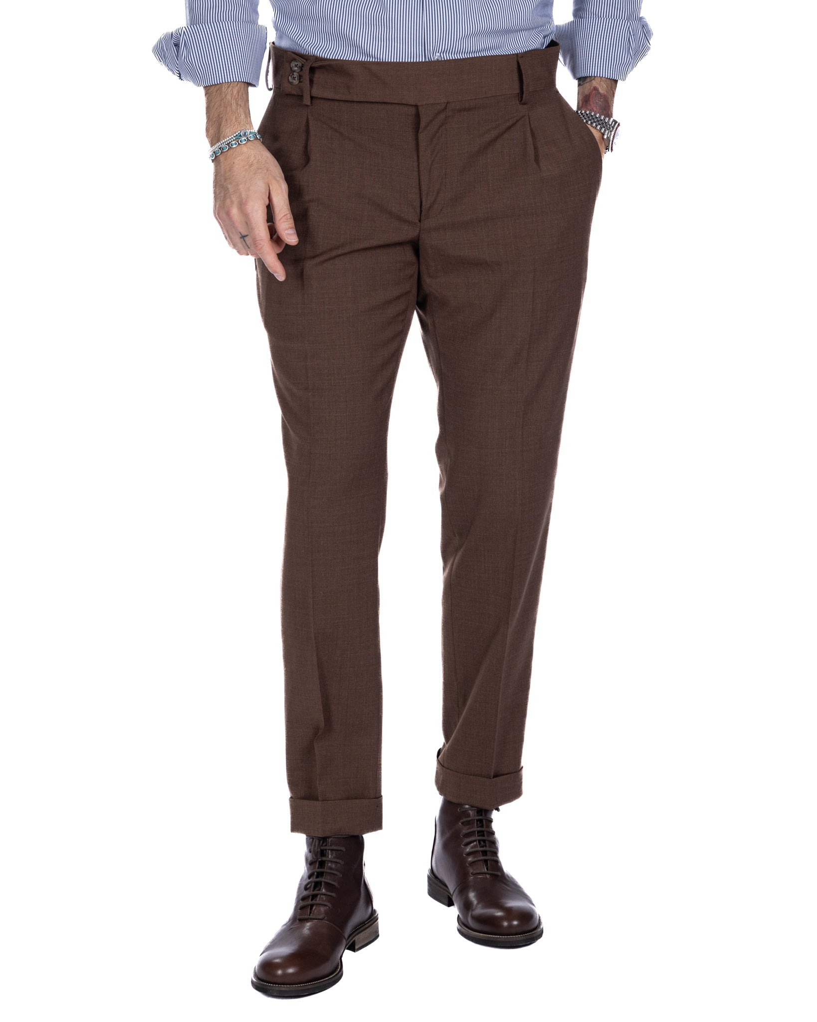 Pantalon italien taille haute marron foncé en laine mélangée