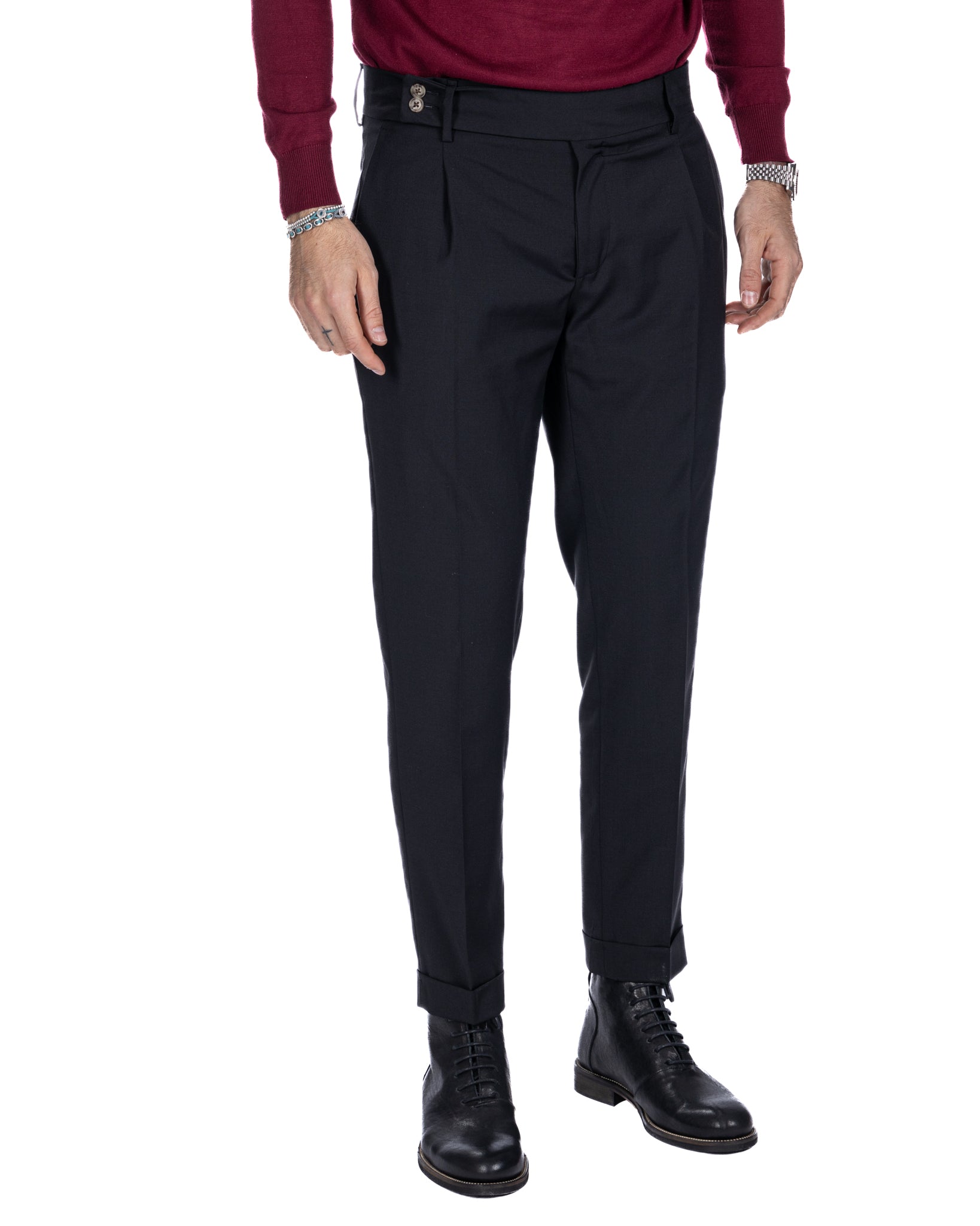 Pantalon italien taille haute noir en laine mélangée