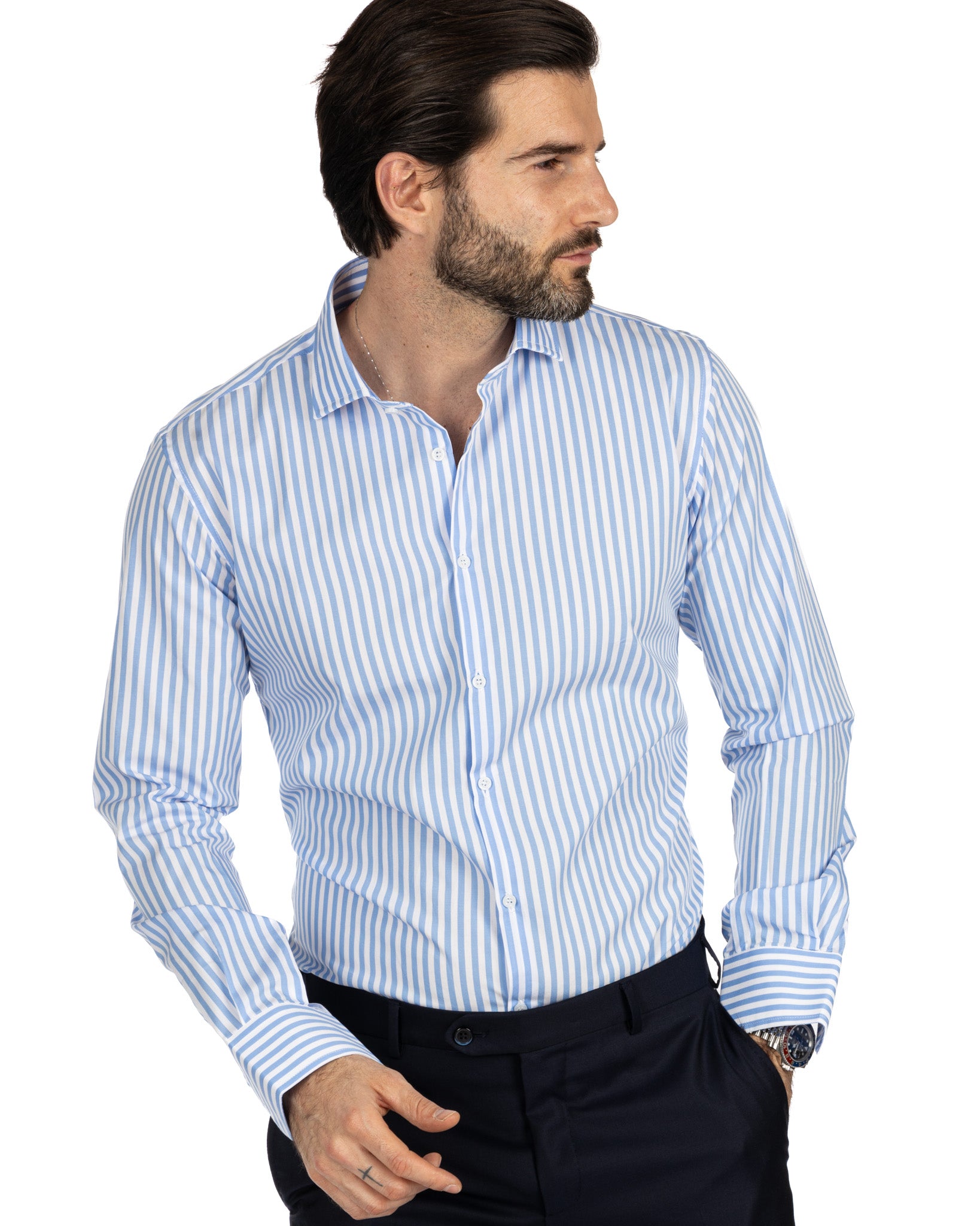 Camicia - slim fit righe medie azzurre