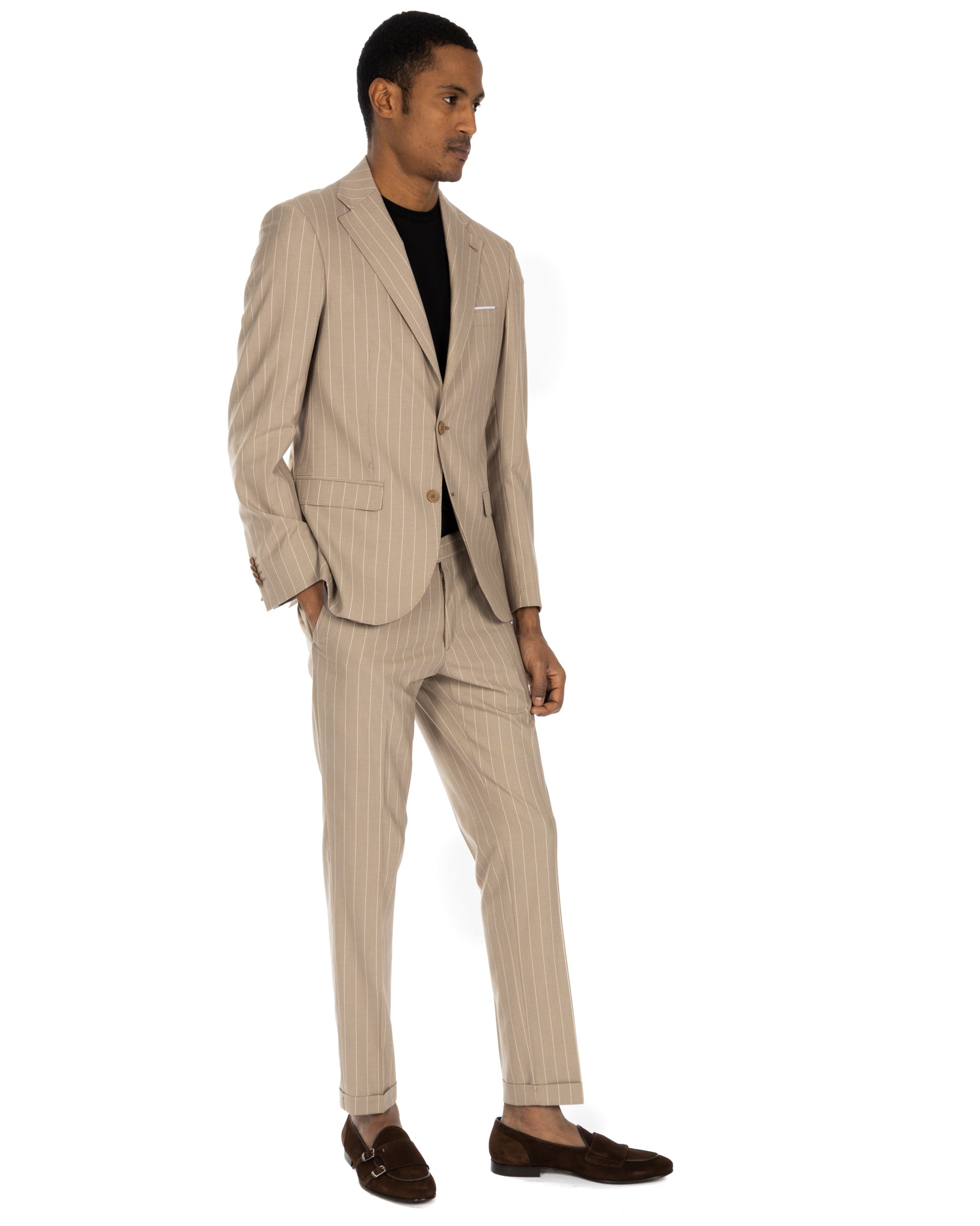 Lille - costume simple boutonnage beige à fines rayures