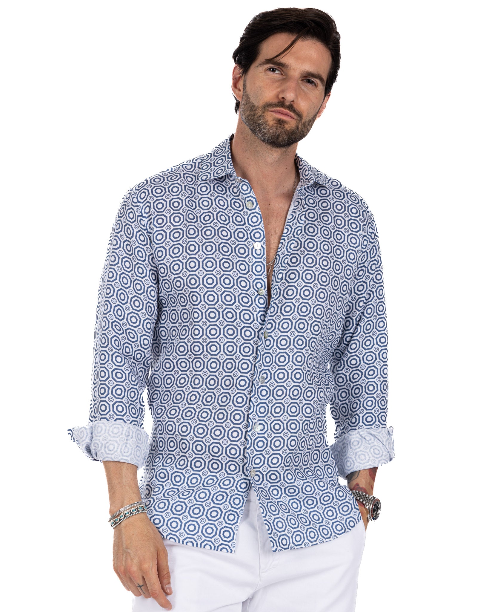Maiolica - camicia stampata blu in lino