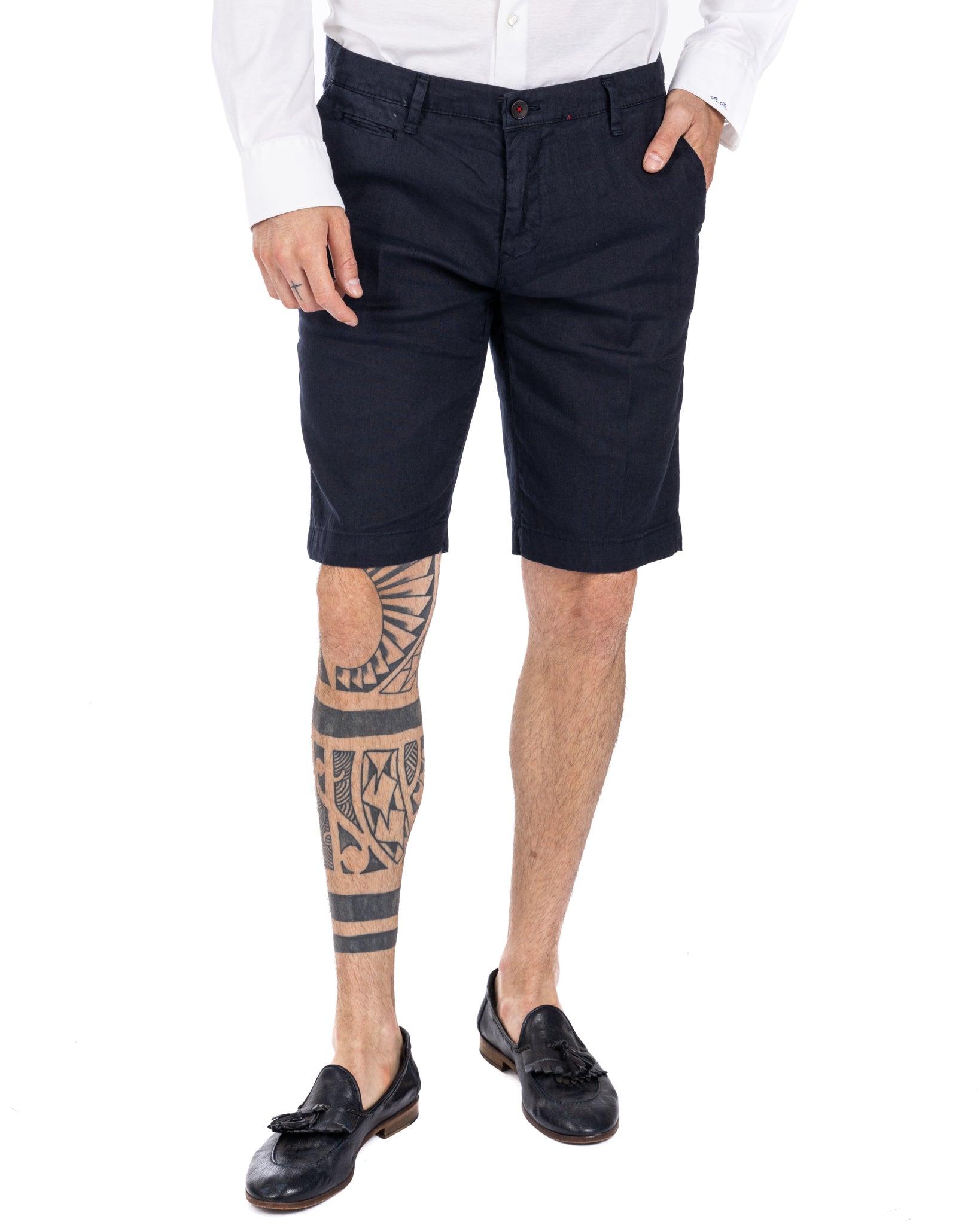 Mustique - blue stretch linen Bermuda shorts