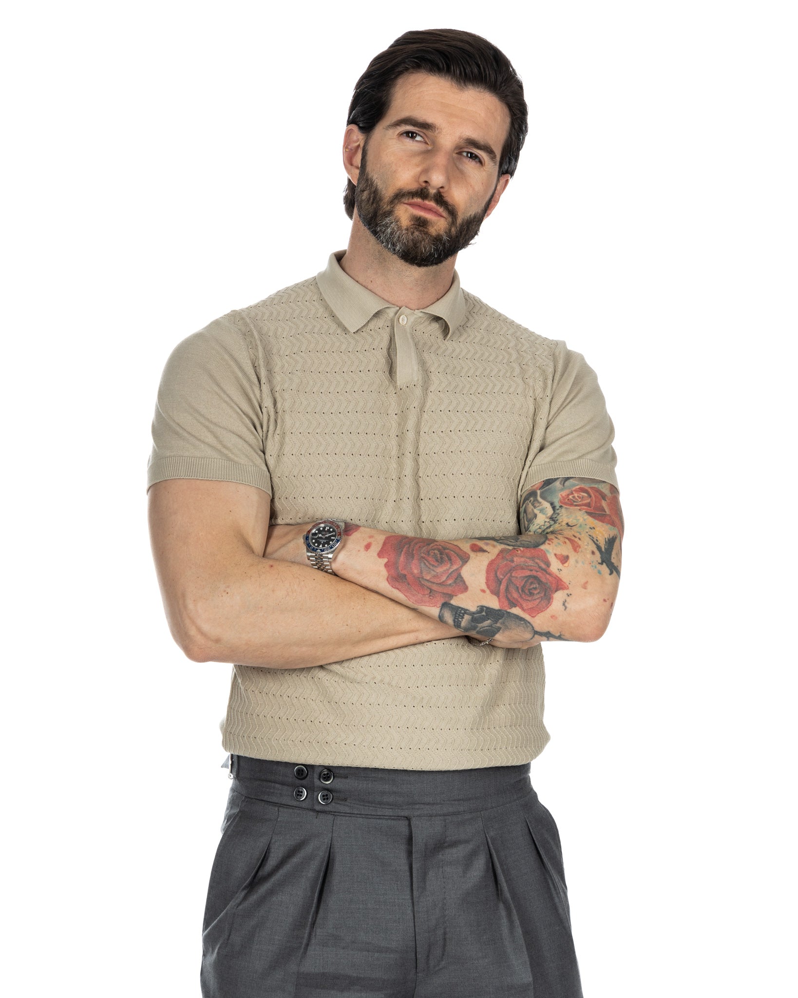 Stefanos - beige jacquard knitted polo shirt