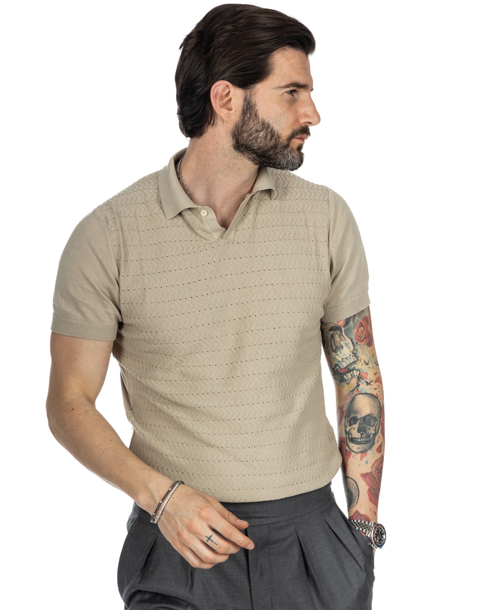 Stefanos - beige jacquard knitted polo shirt