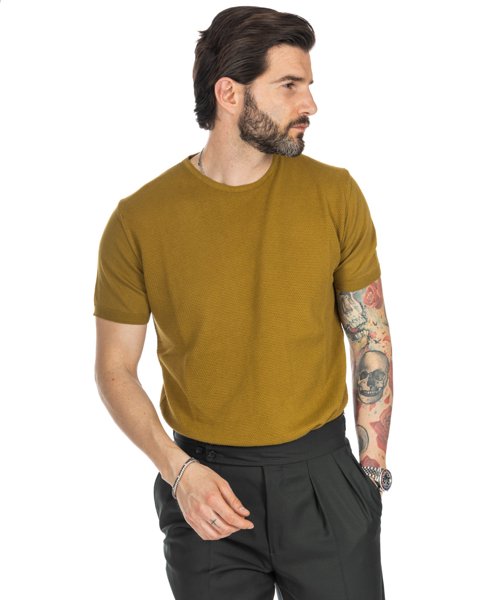 Lorenzo - camel jacquard knit t-shirt
