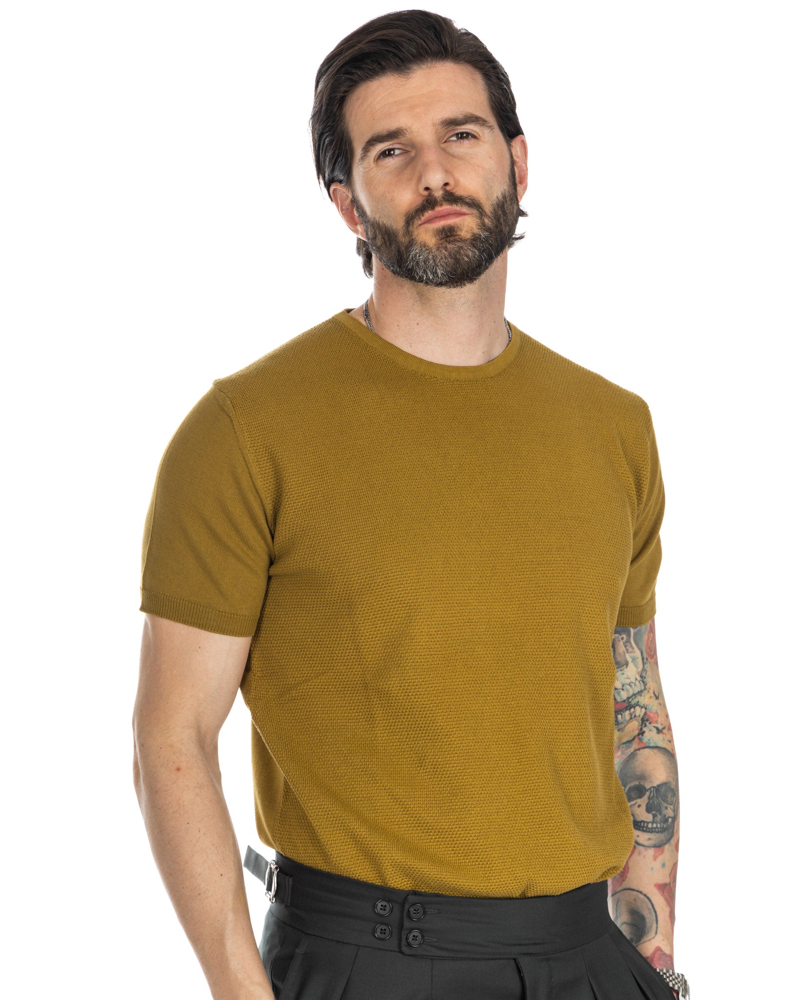 Lorenzo - camel jacquard knit t-shirt