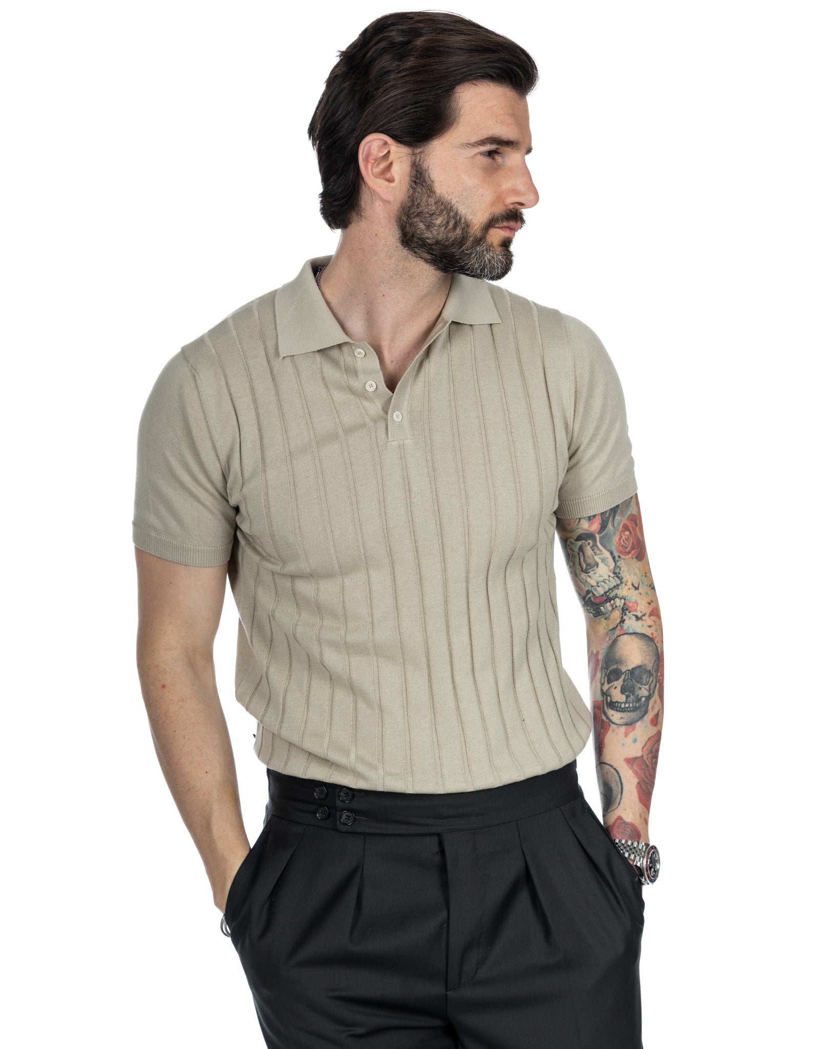 Rafael - beige ribbed knit polo shirt