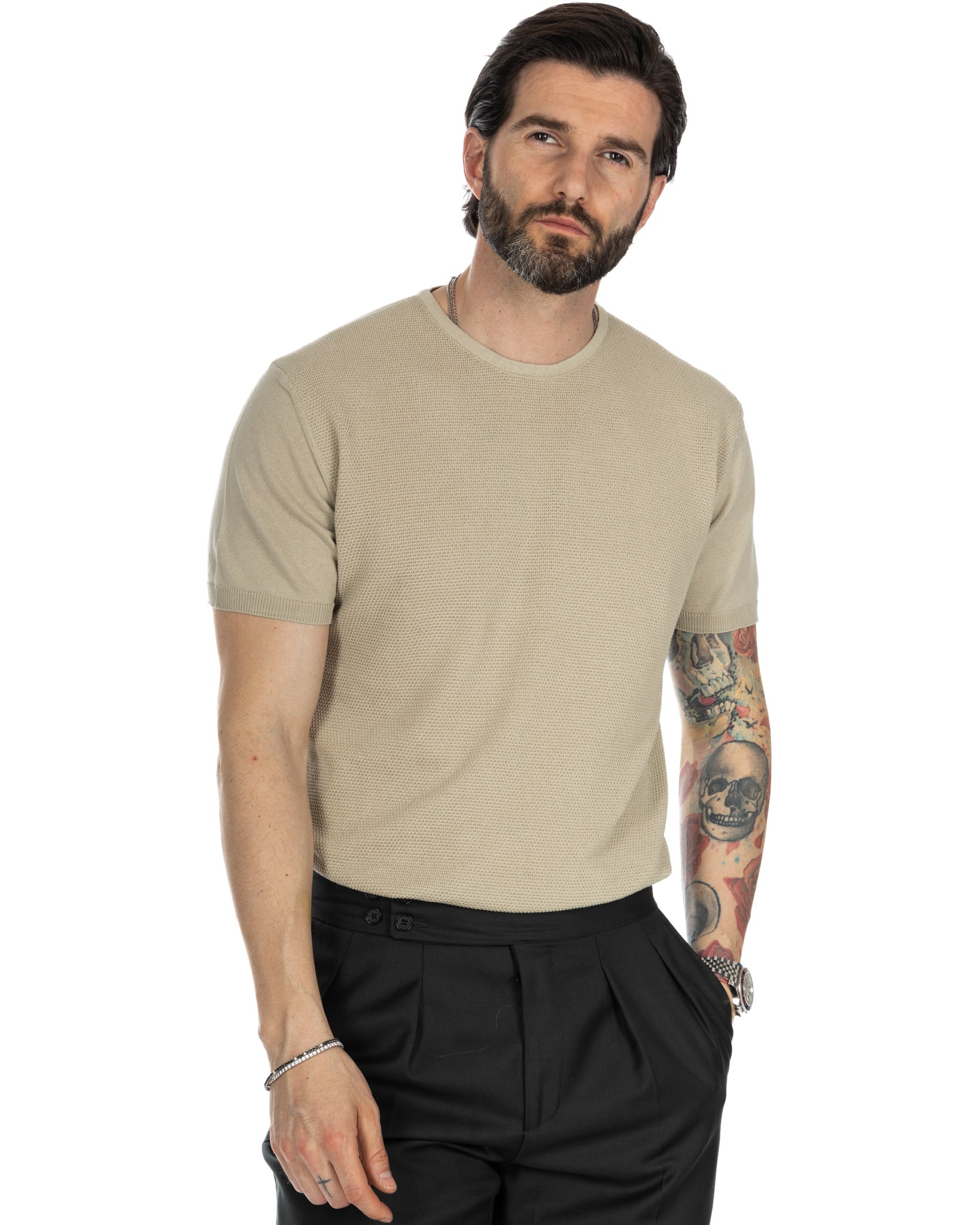 Lorenzo - beige jacquard knit t-shirt