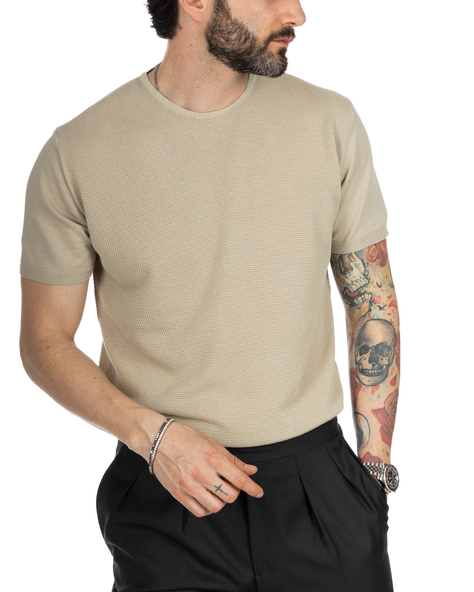 Lorenzo - t-shirt en maille jacquard beige