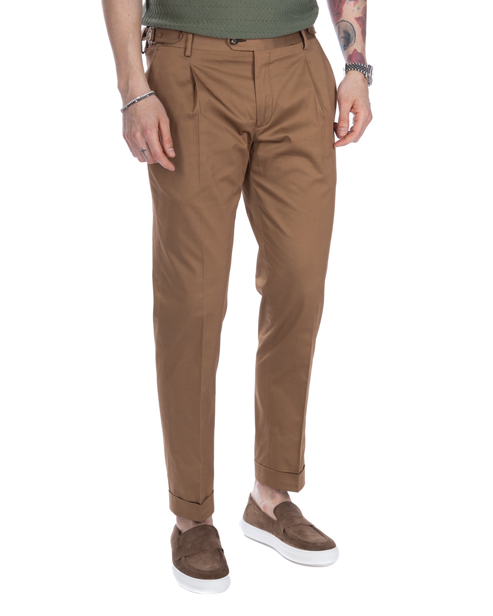 James - high waisted camel trousers with buckles