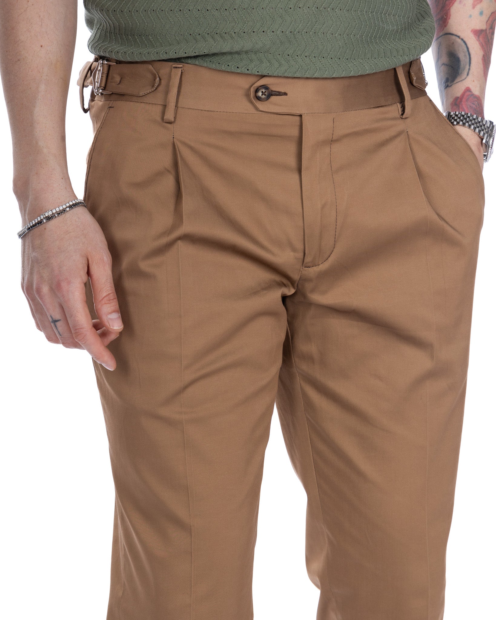 James - high waisted camel trousers with buckles