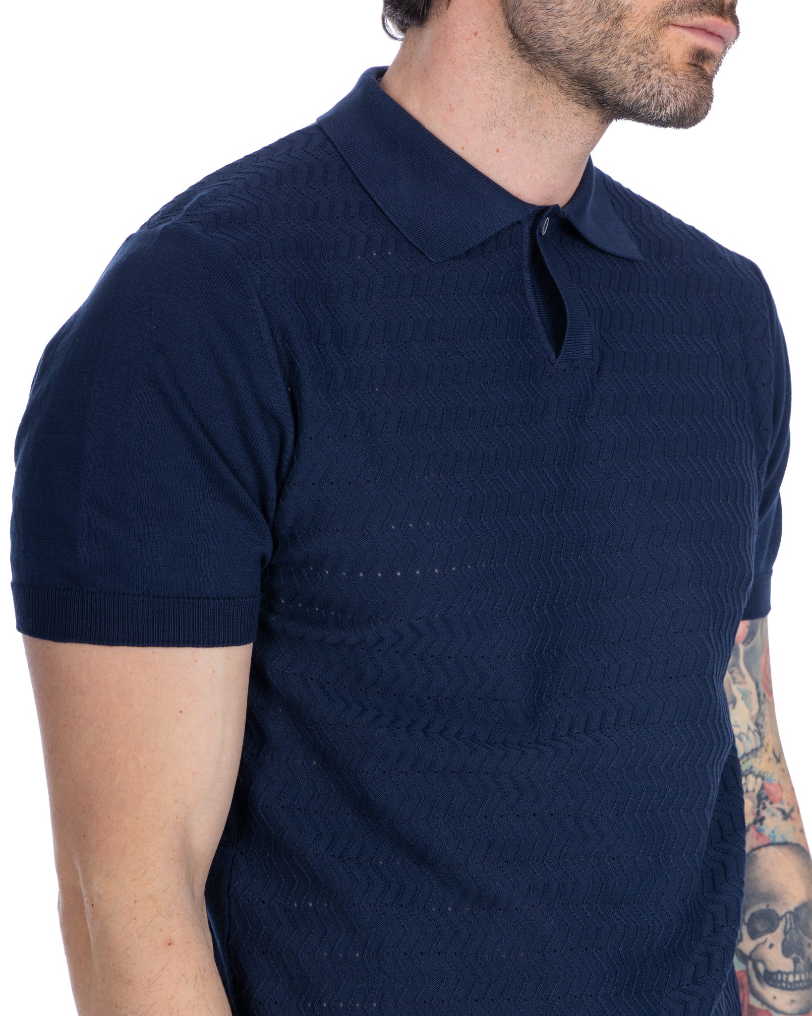Stefanos - blue jacquard knitted polo shirt
