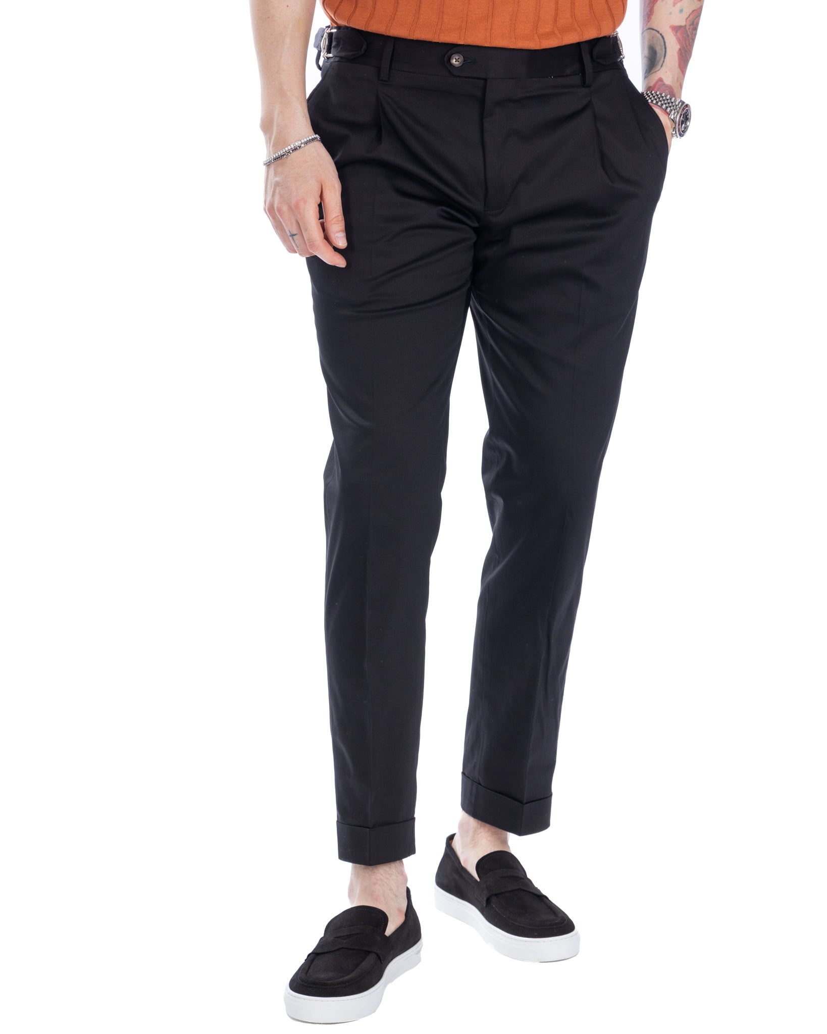 James - black high-waisted trousers with buckles