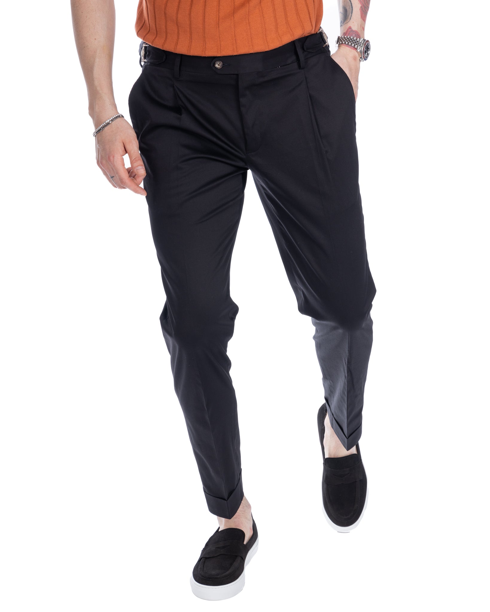 James - black high-waisted trousers with buckles