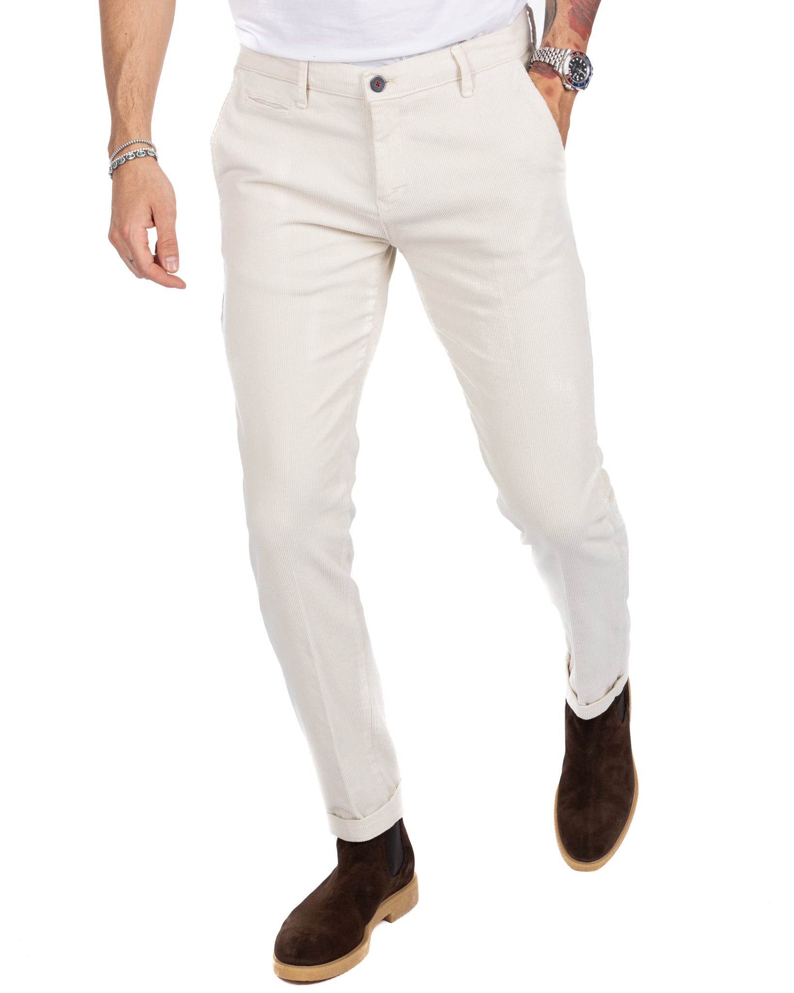 Amir - cream thousand stripe velvet trousers