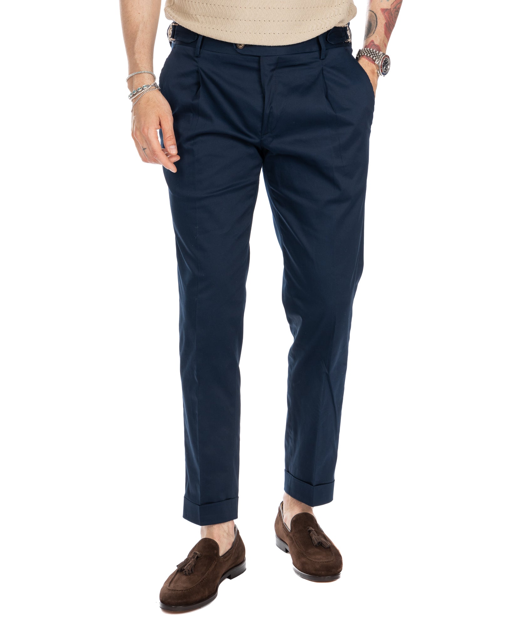 James - blue high-waisted trousers with buckles