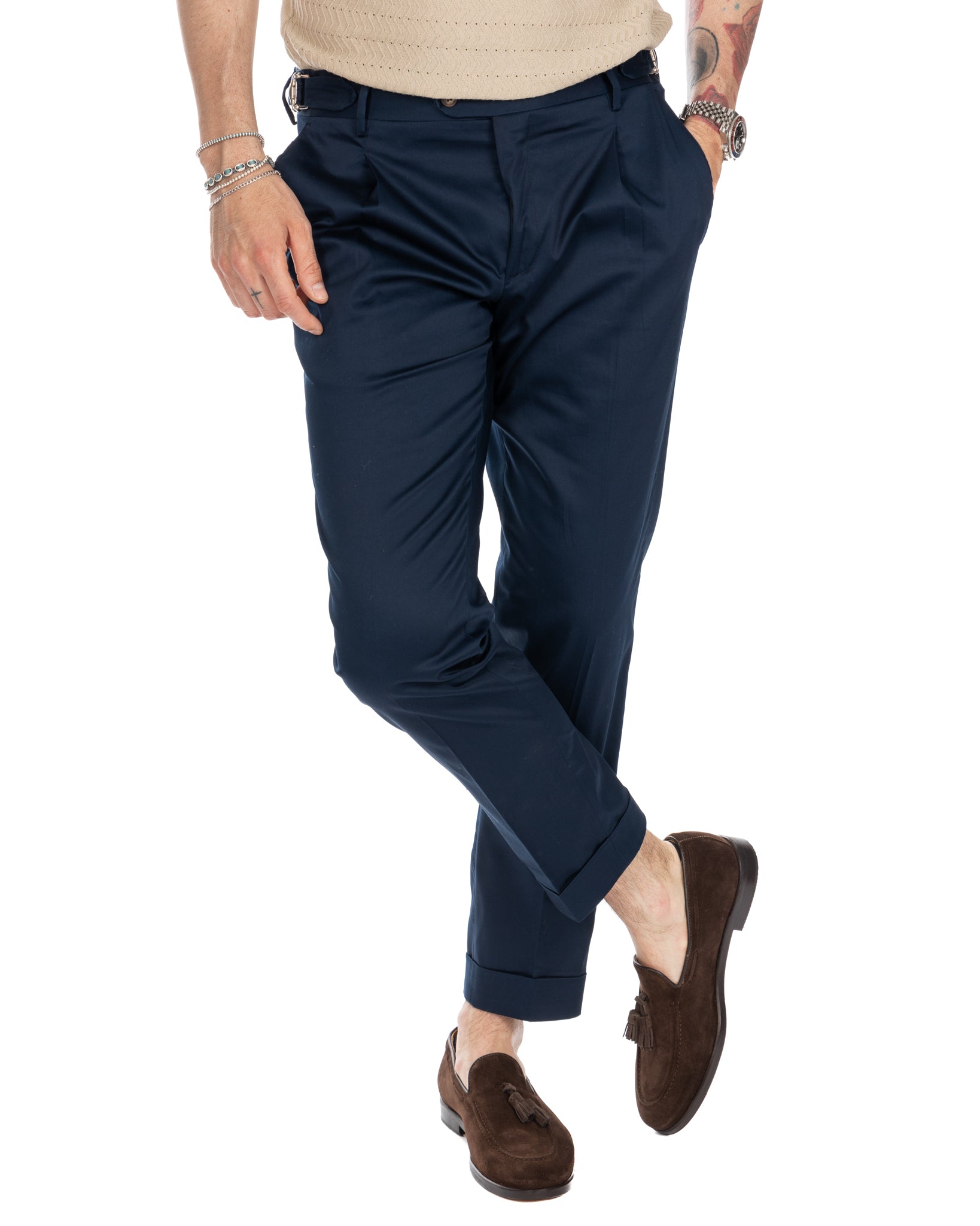 James - blue high-waisted trousers with buckles