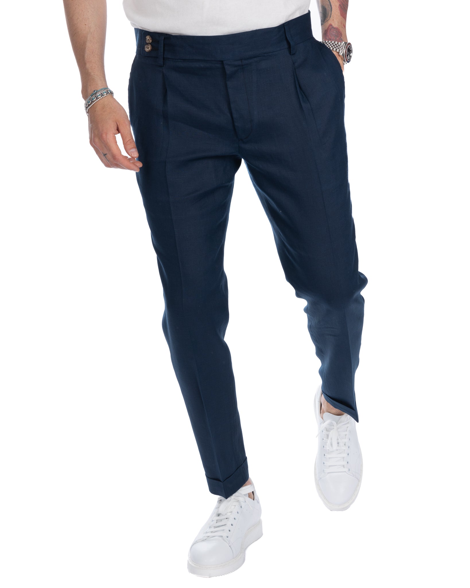 Sorso - pantalon taille haute bleu en pur lin