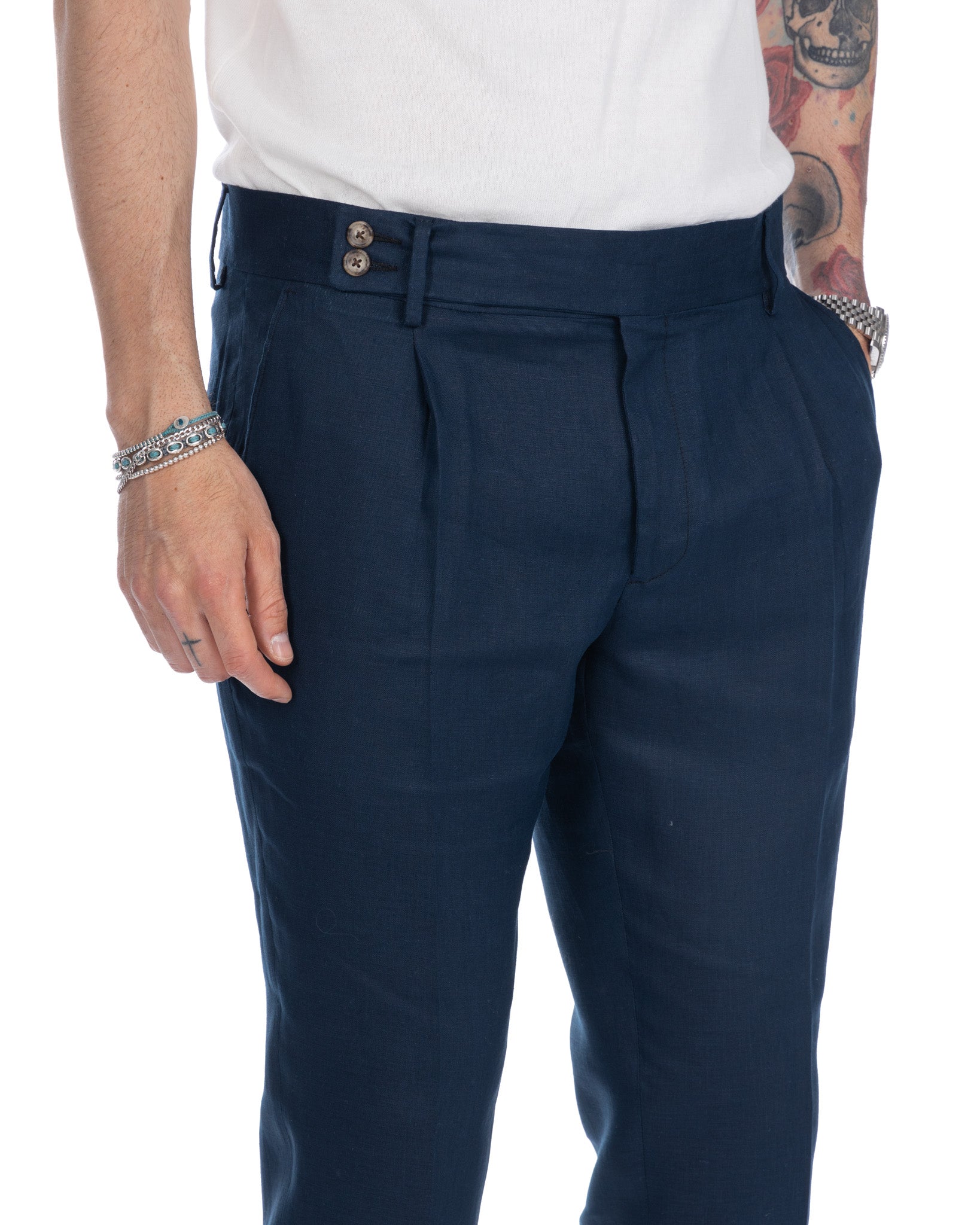 Sorso - pantalon taille haute bleu en pur lin