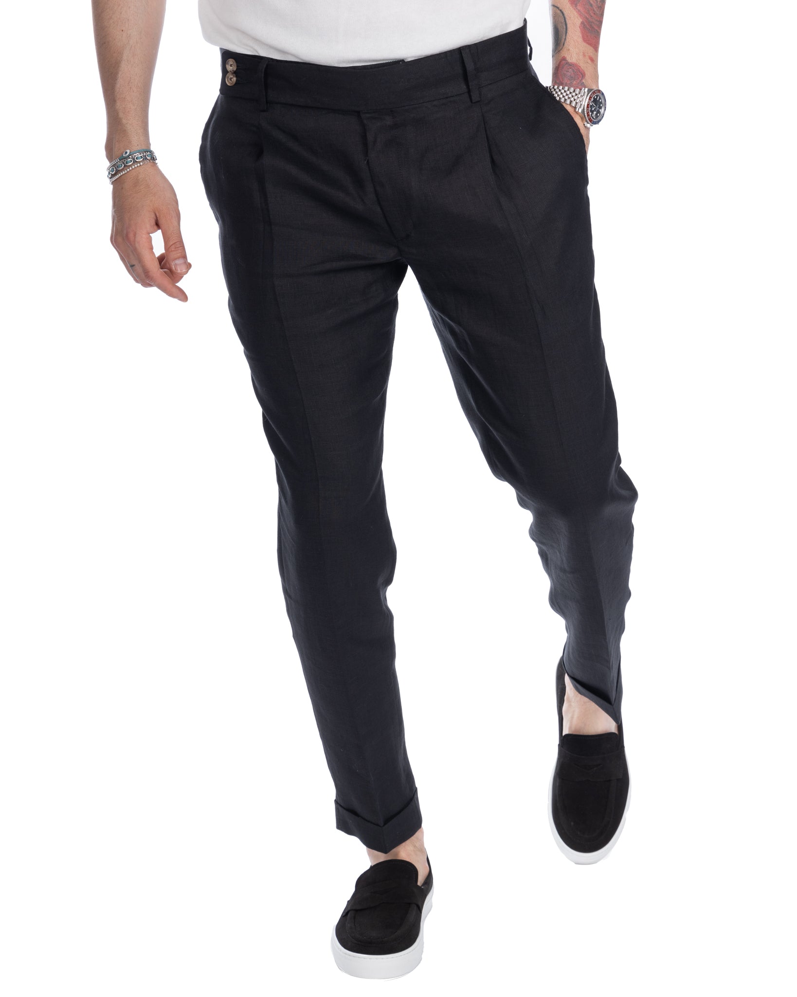 Sorso - pantalon taille haute noir en pur lin