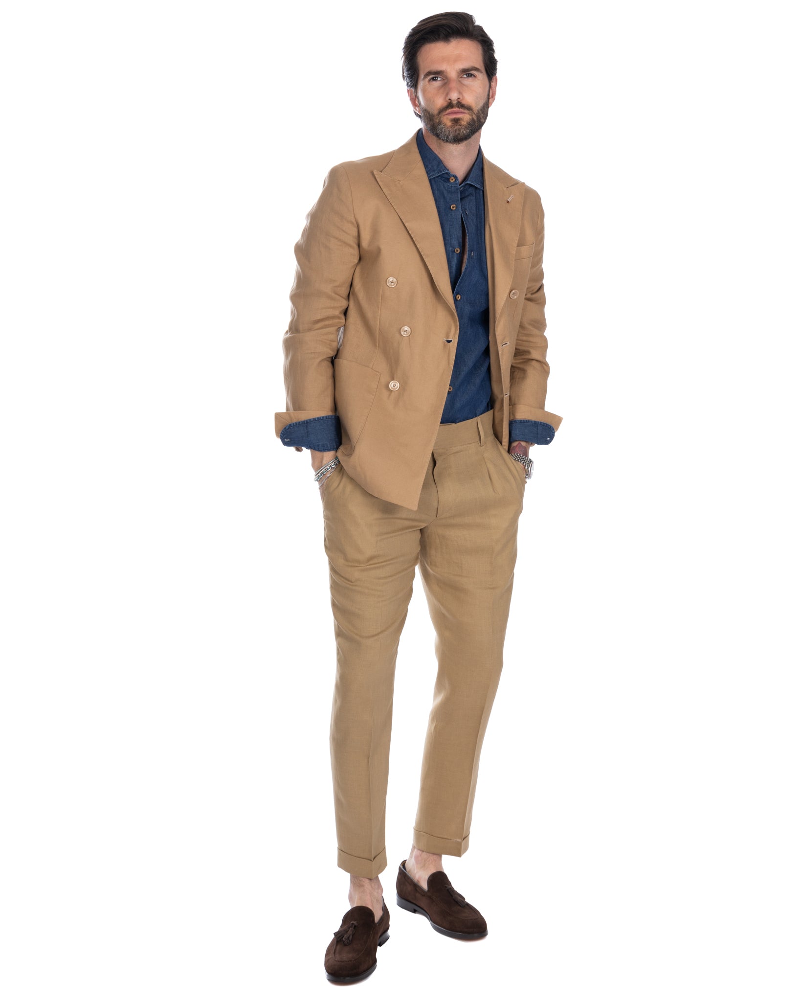 Baunei - camel pure linen double-breasted jacket