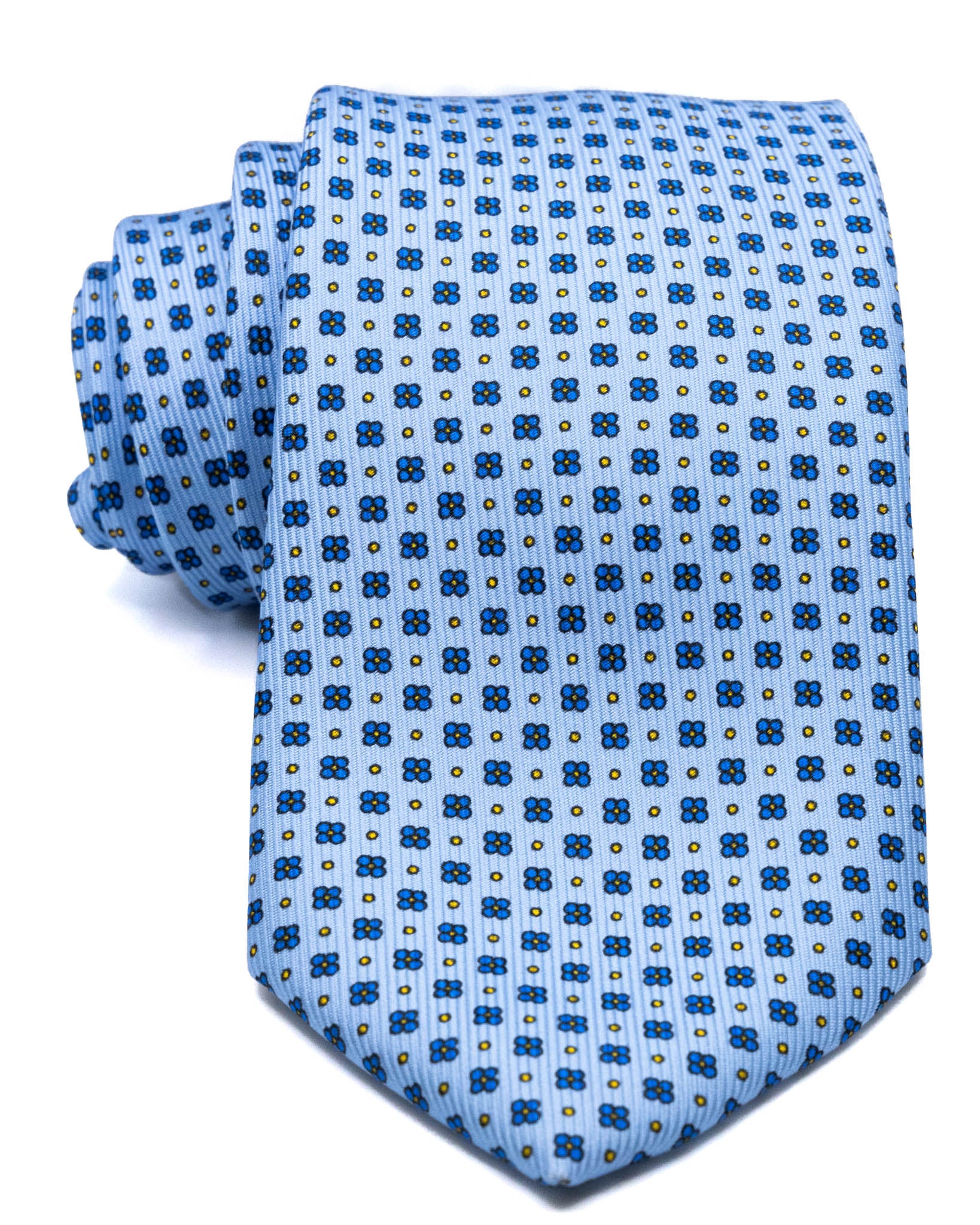 Cravatta - in seta twill azzurra fantasia fiori blu