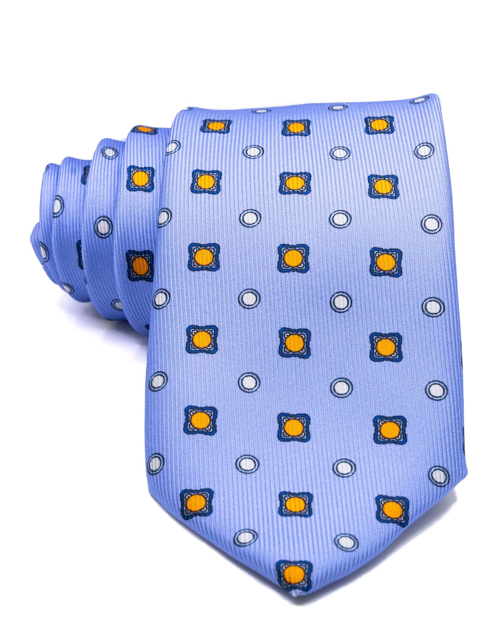 Cravatta - in seta twill azzurra a fantasia arancio
