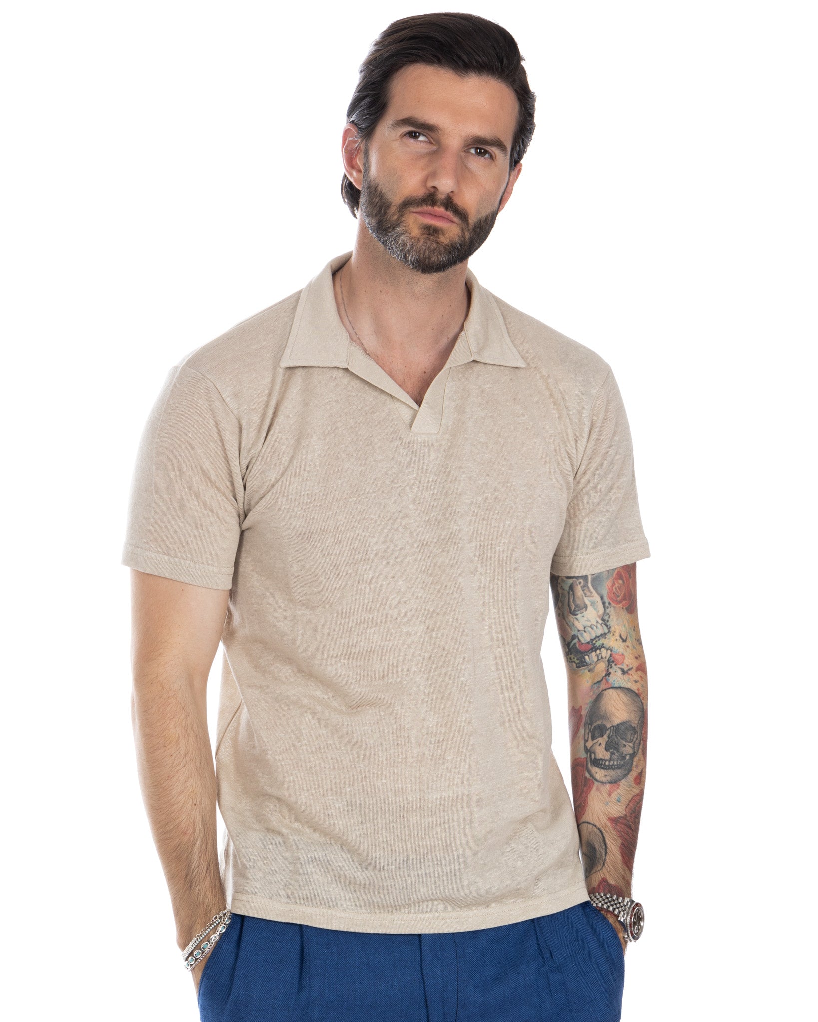 Ben - knitted sand linen polo shirt