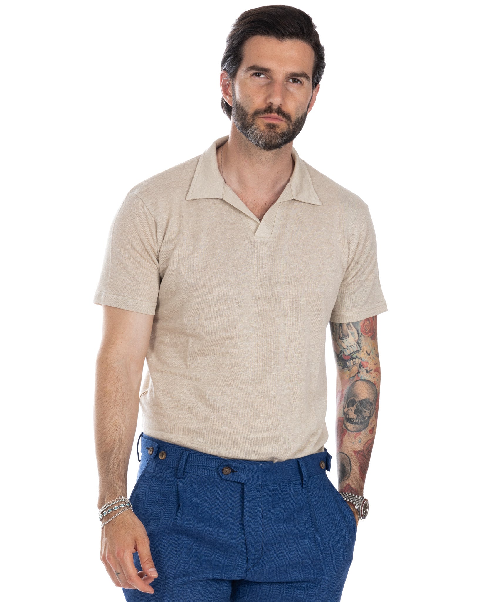 Ben - knitted sand linen polo shirt