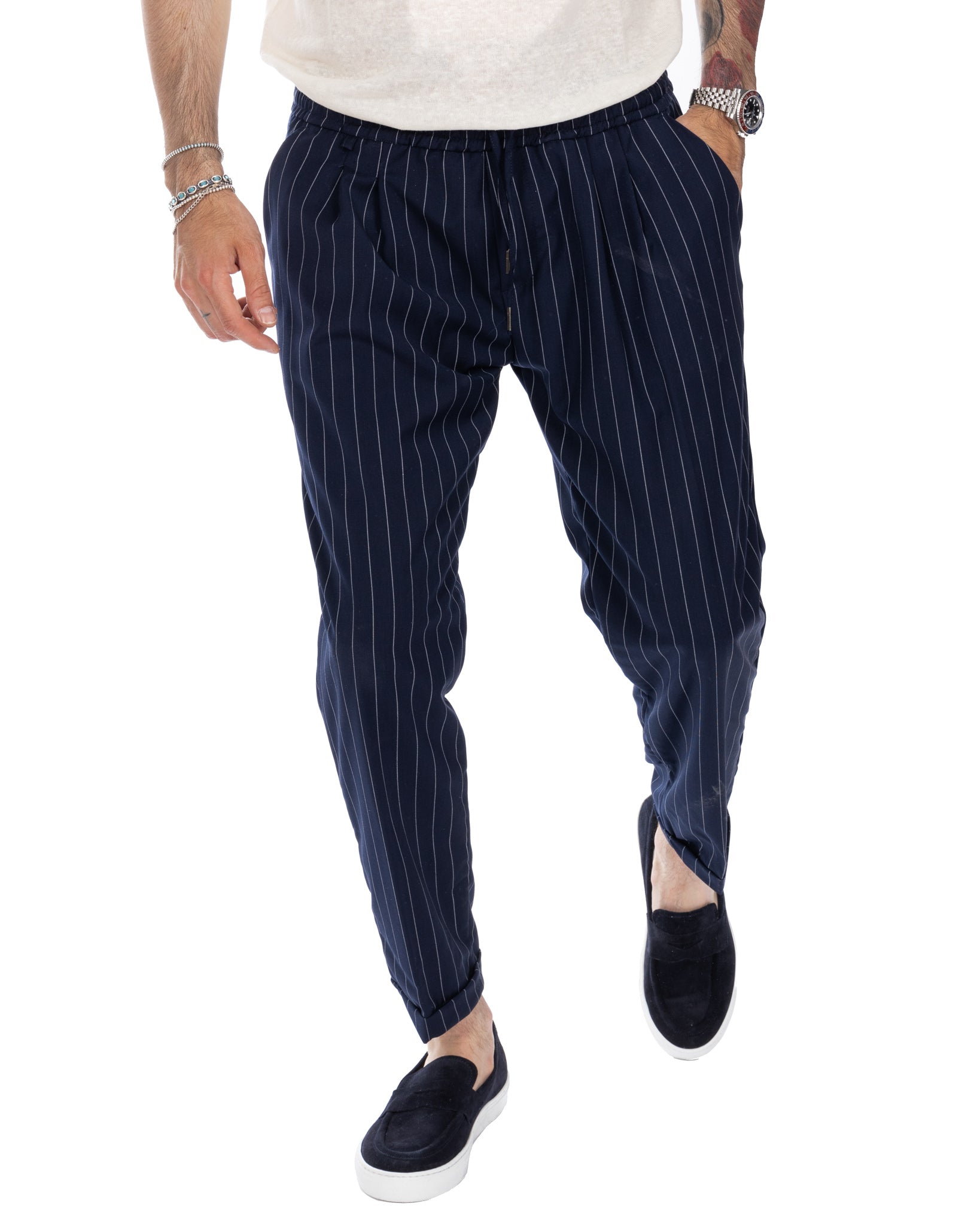 Elijah - pantalaccio gessato blu in misto lana