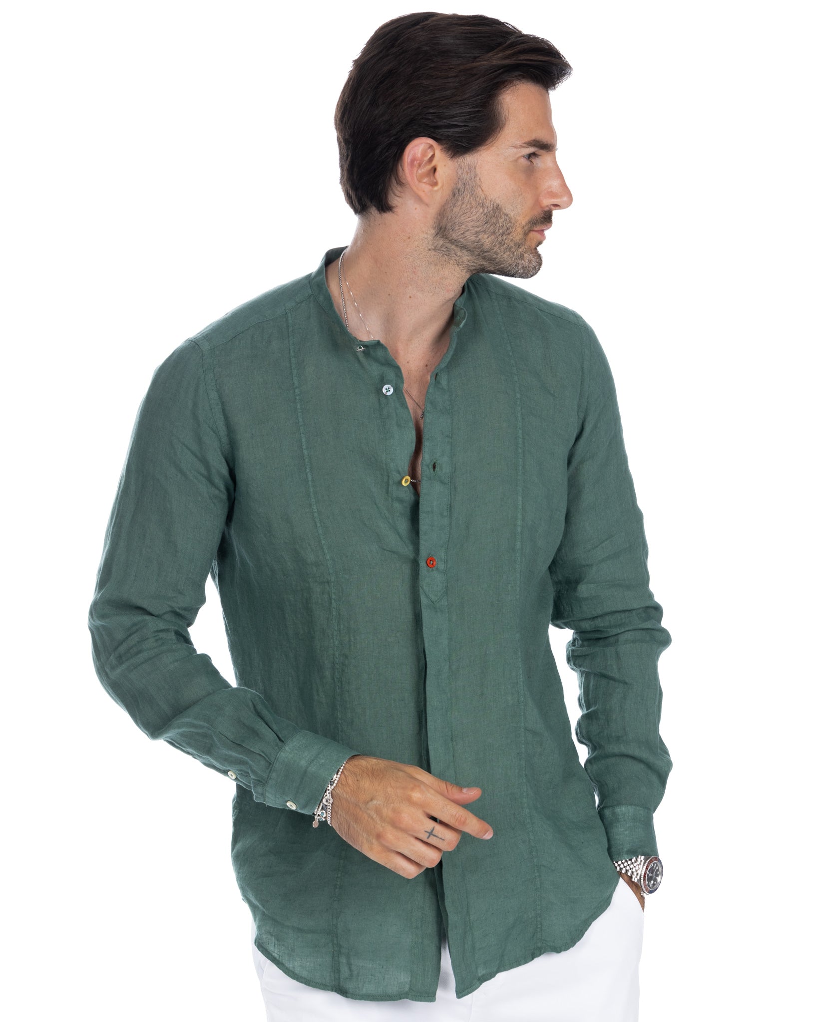 Cannes - green pure linen henley shirt