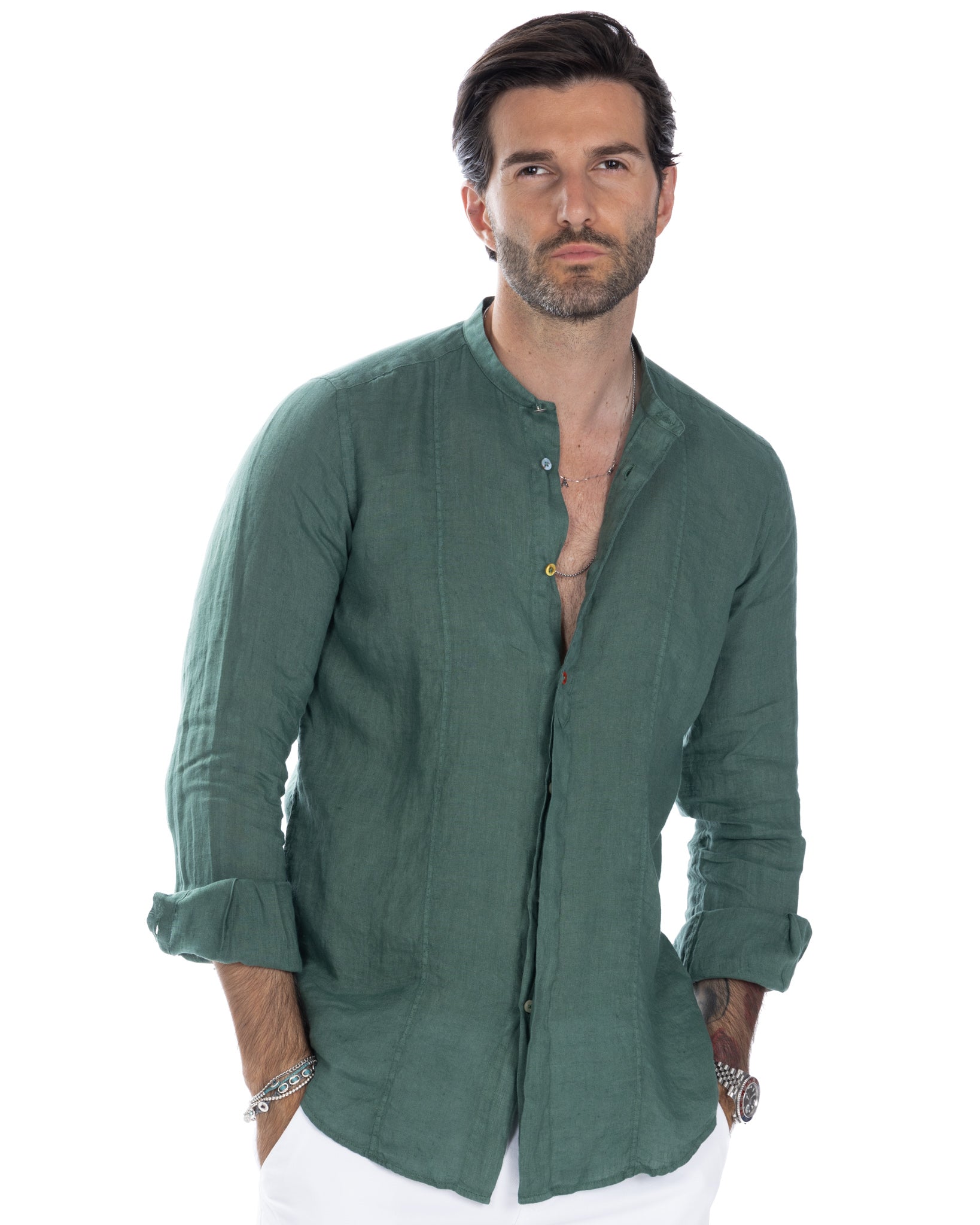 Cannes - green pure linen henley shirt