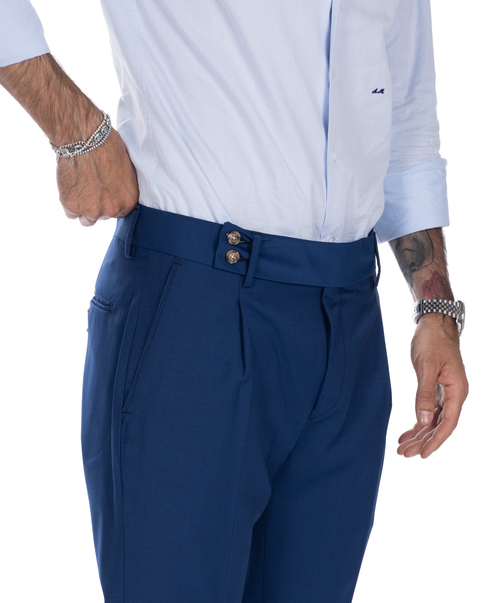 Pantalon italien taille haute bleu en laine mélangée