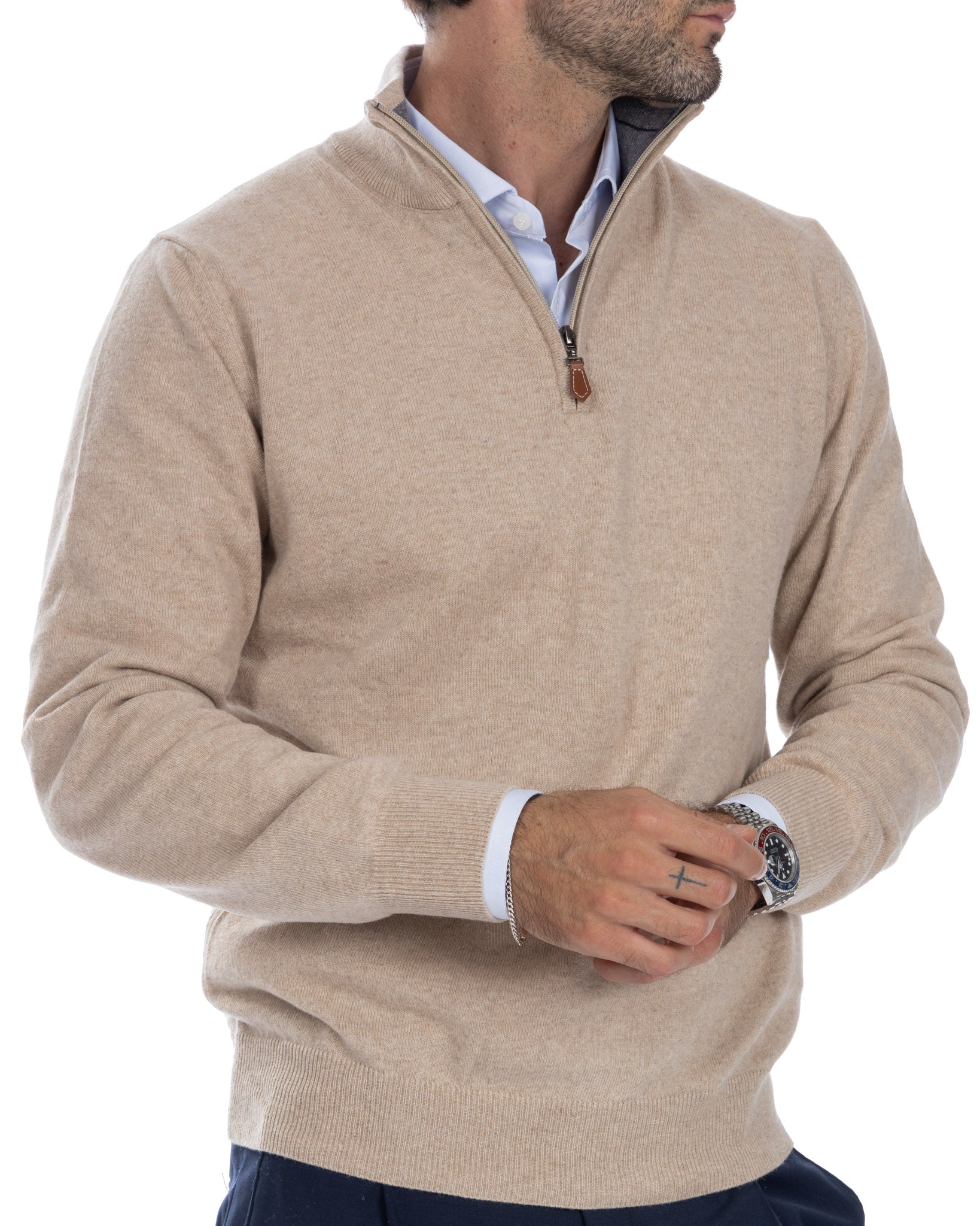 Rory - maglione beige con zip in misto cachemire