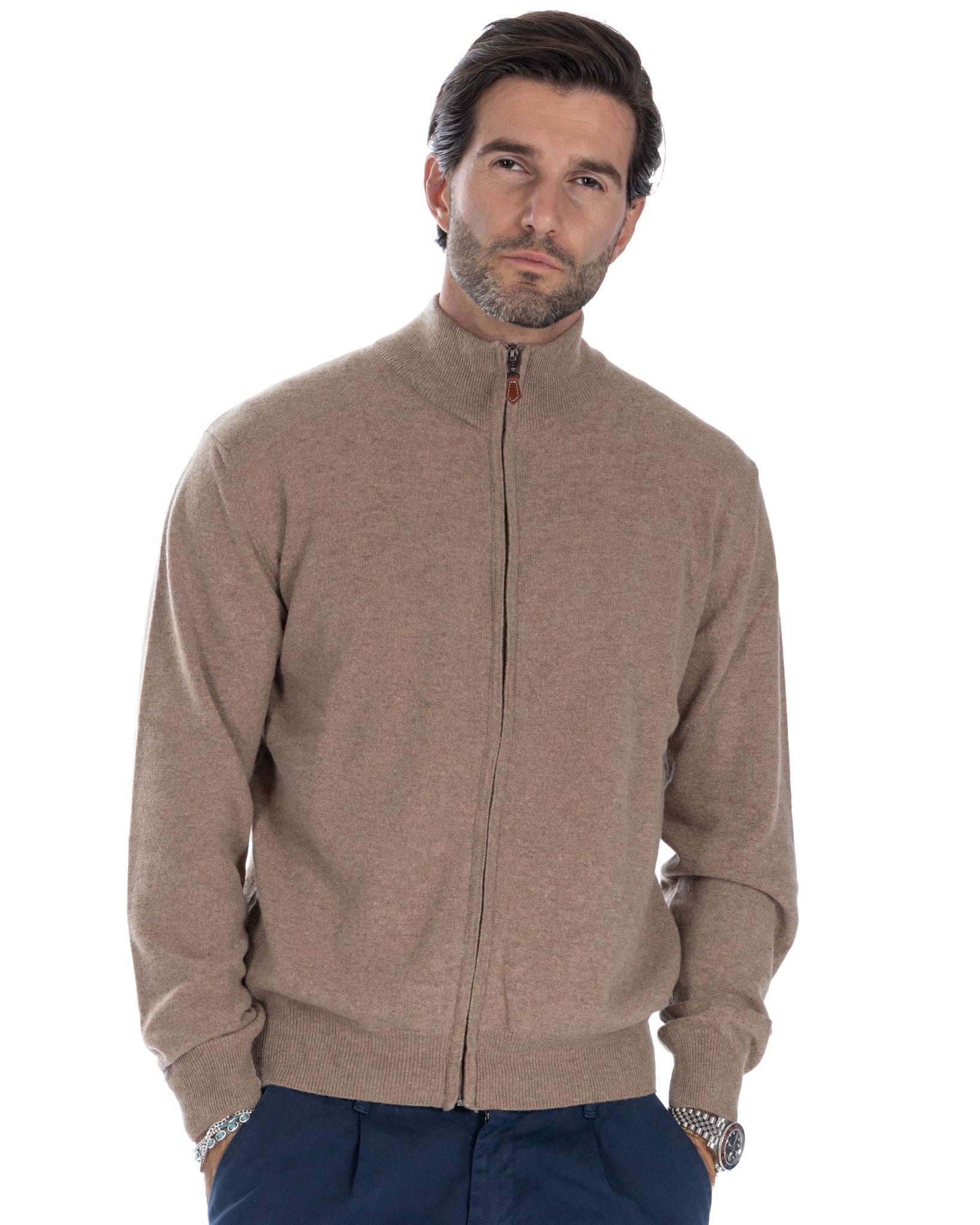 Matt - maglione tabacco full zip in misto cachemire