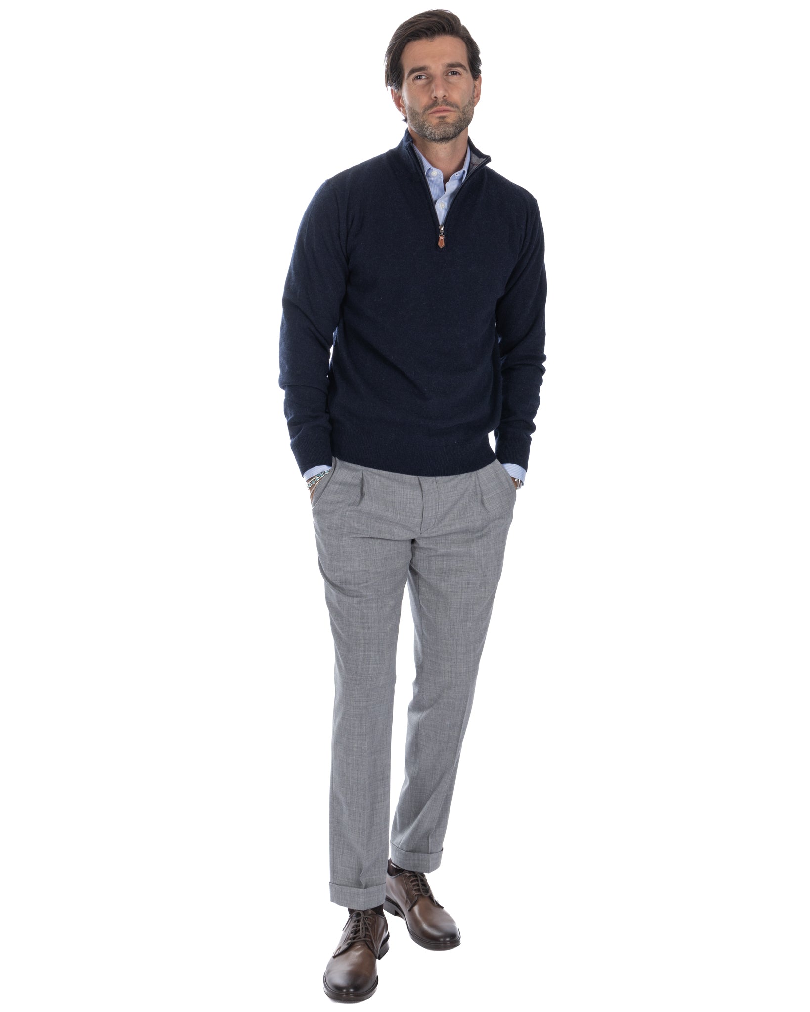 Rory - maglione blu con zip in misto cachemire