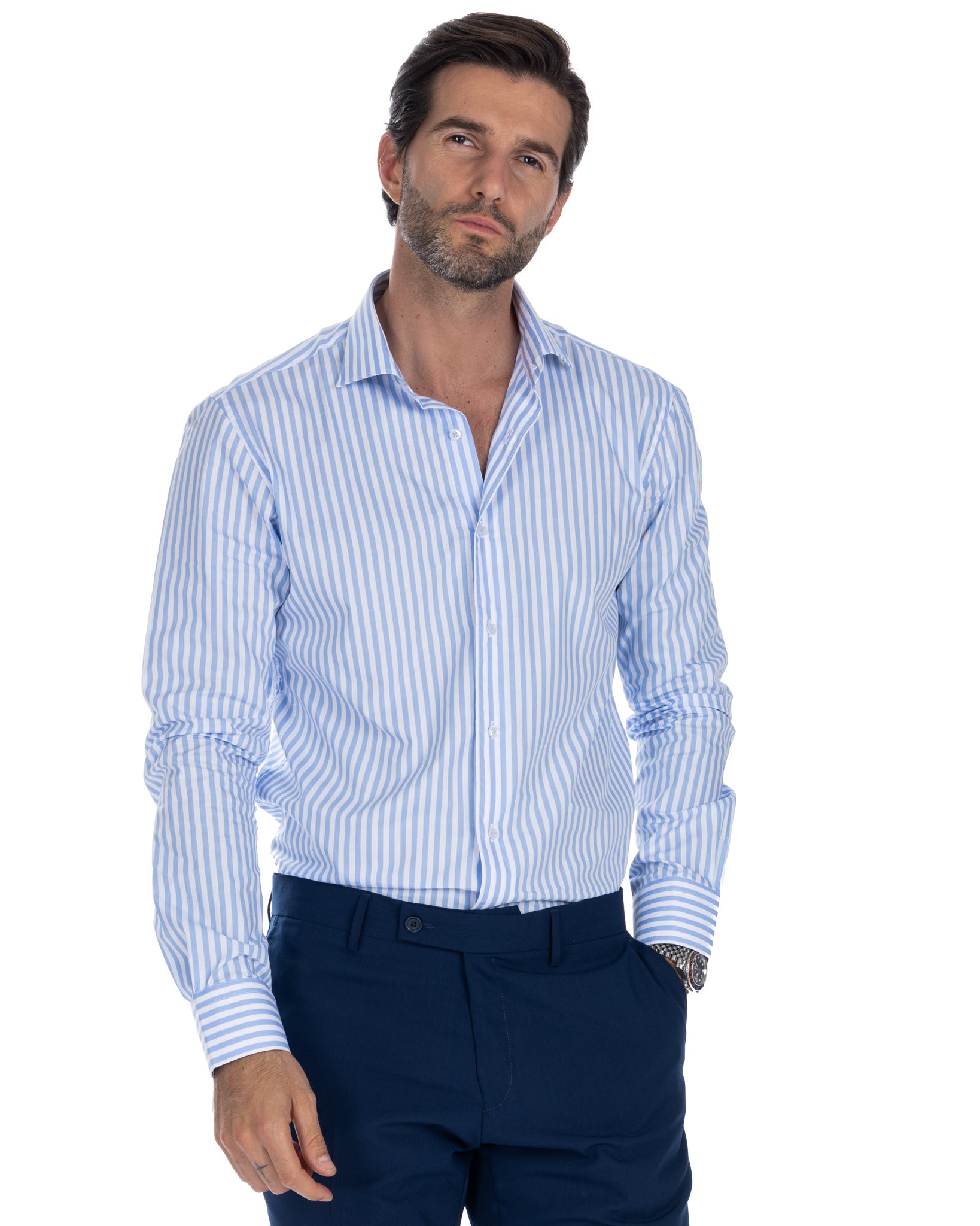 Camicia - slim fit riga media celeste