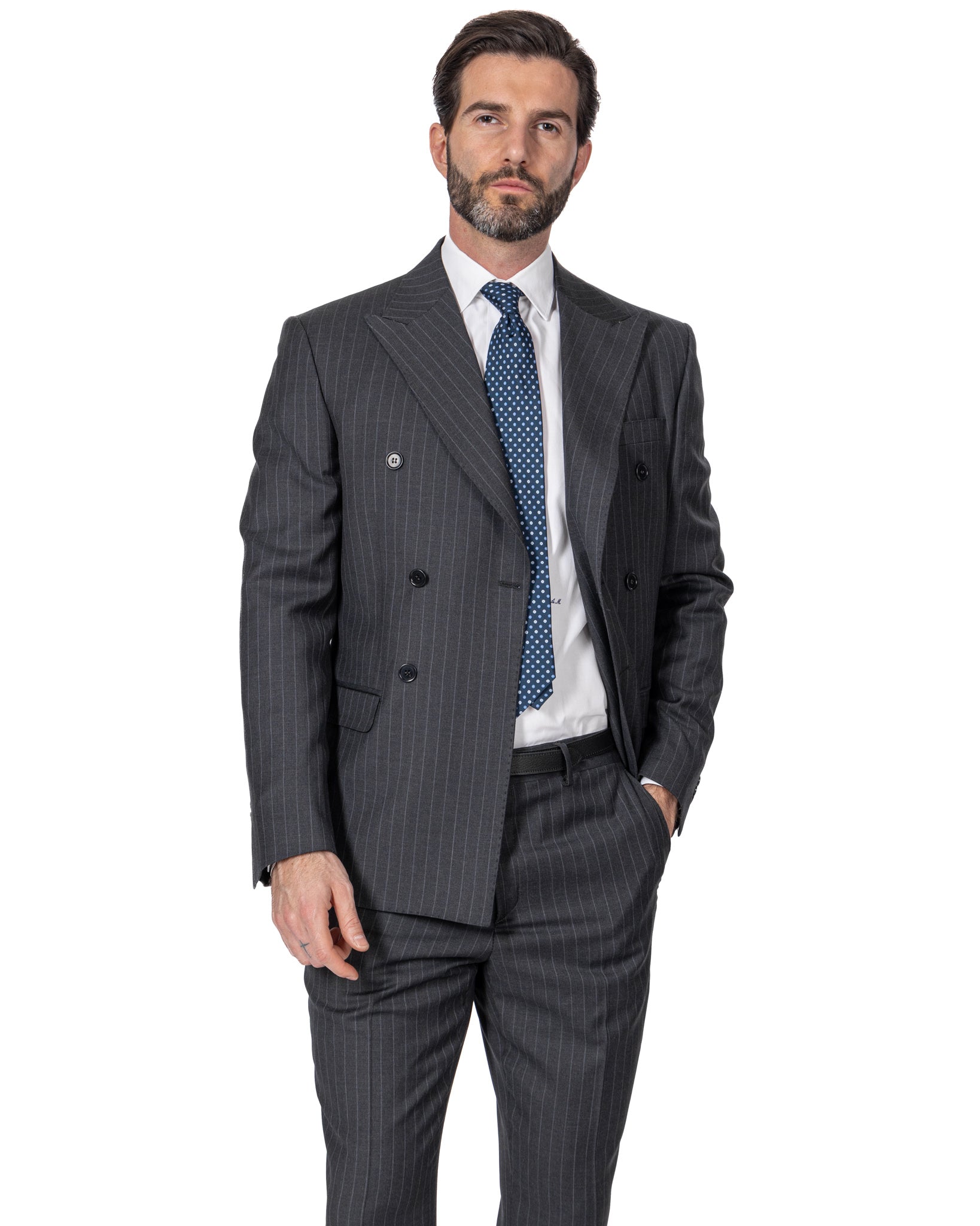 Grey Pinstripe Double Breasted Suit - Drago